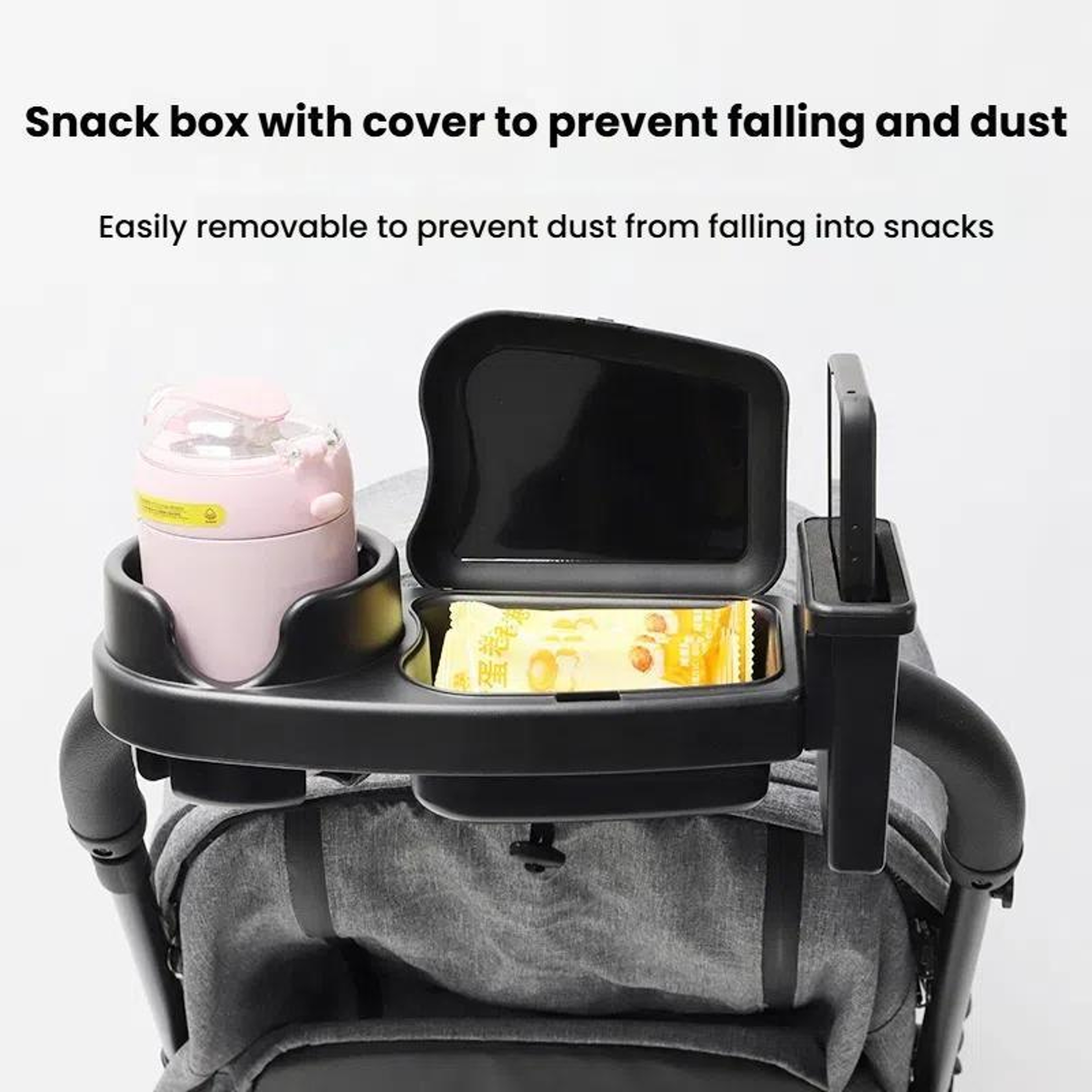 3-in-1 Universal Stroller Snack Tray with Cup Holder & Covered Snack Box – view 4