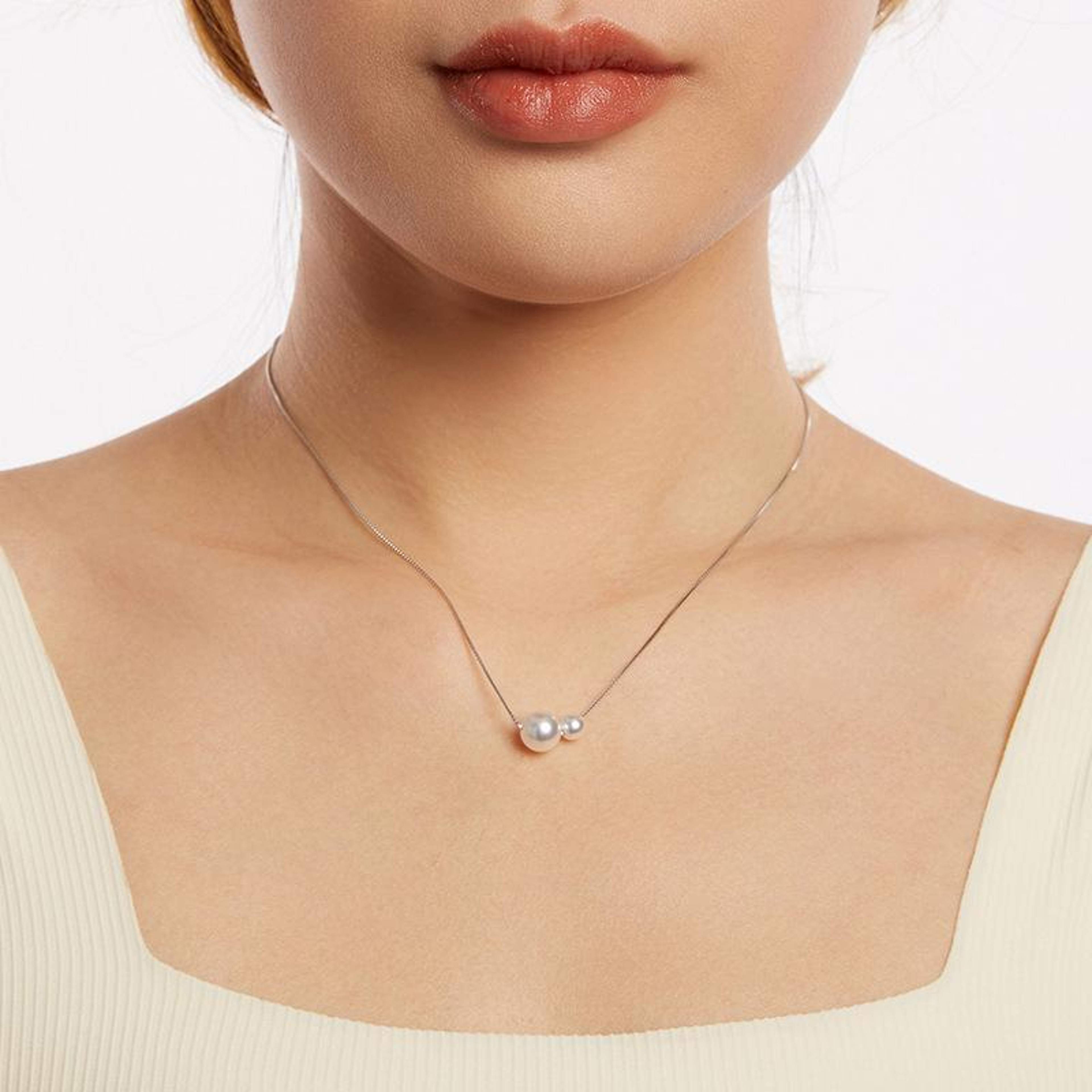 Silver Pearl Necklace PlatinumPlated Adjustable Clavicle Chain 0