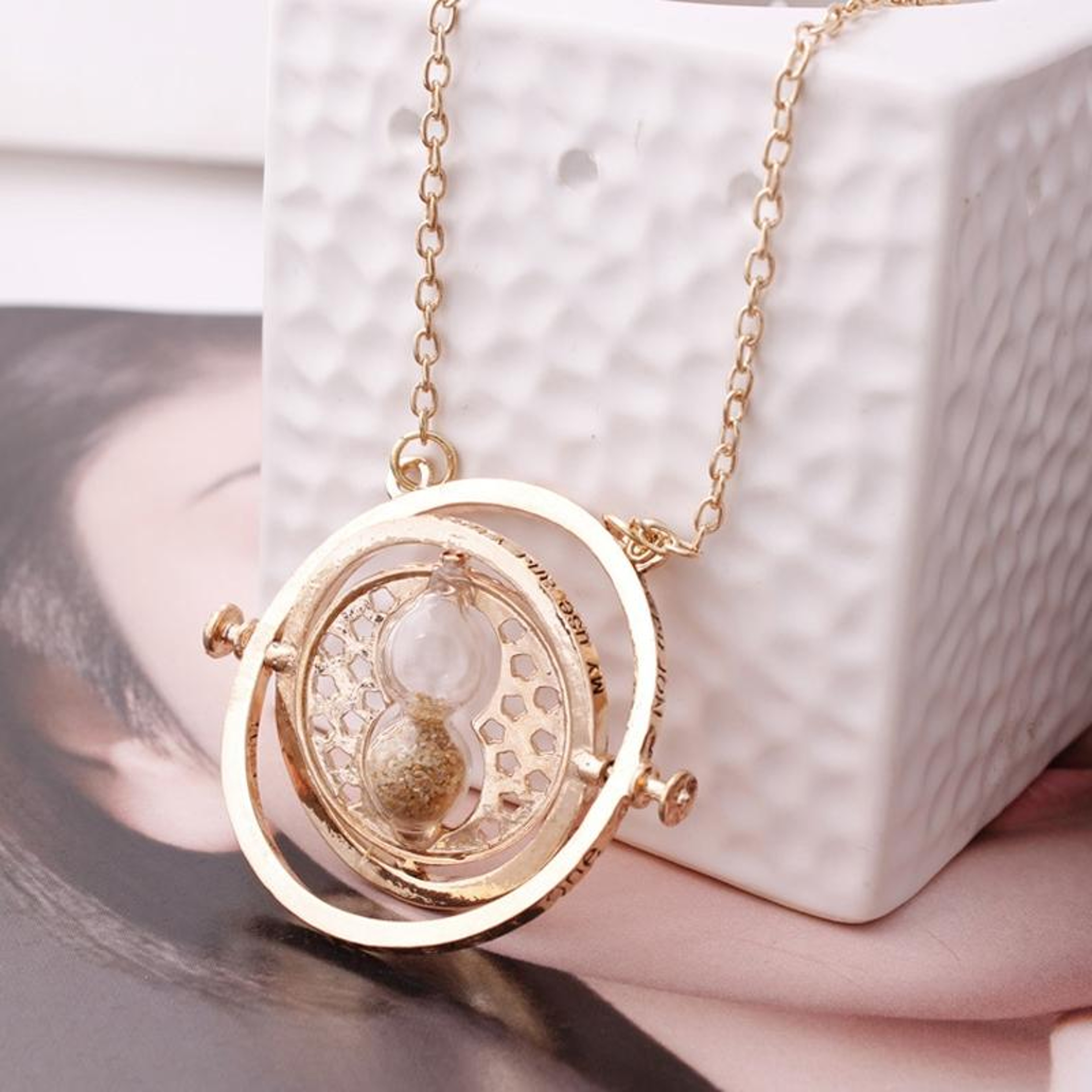Mystic Time Turner Hourglass Necklace, Vintage Gold Sandglass Pendant Jewelry Gift – view 2