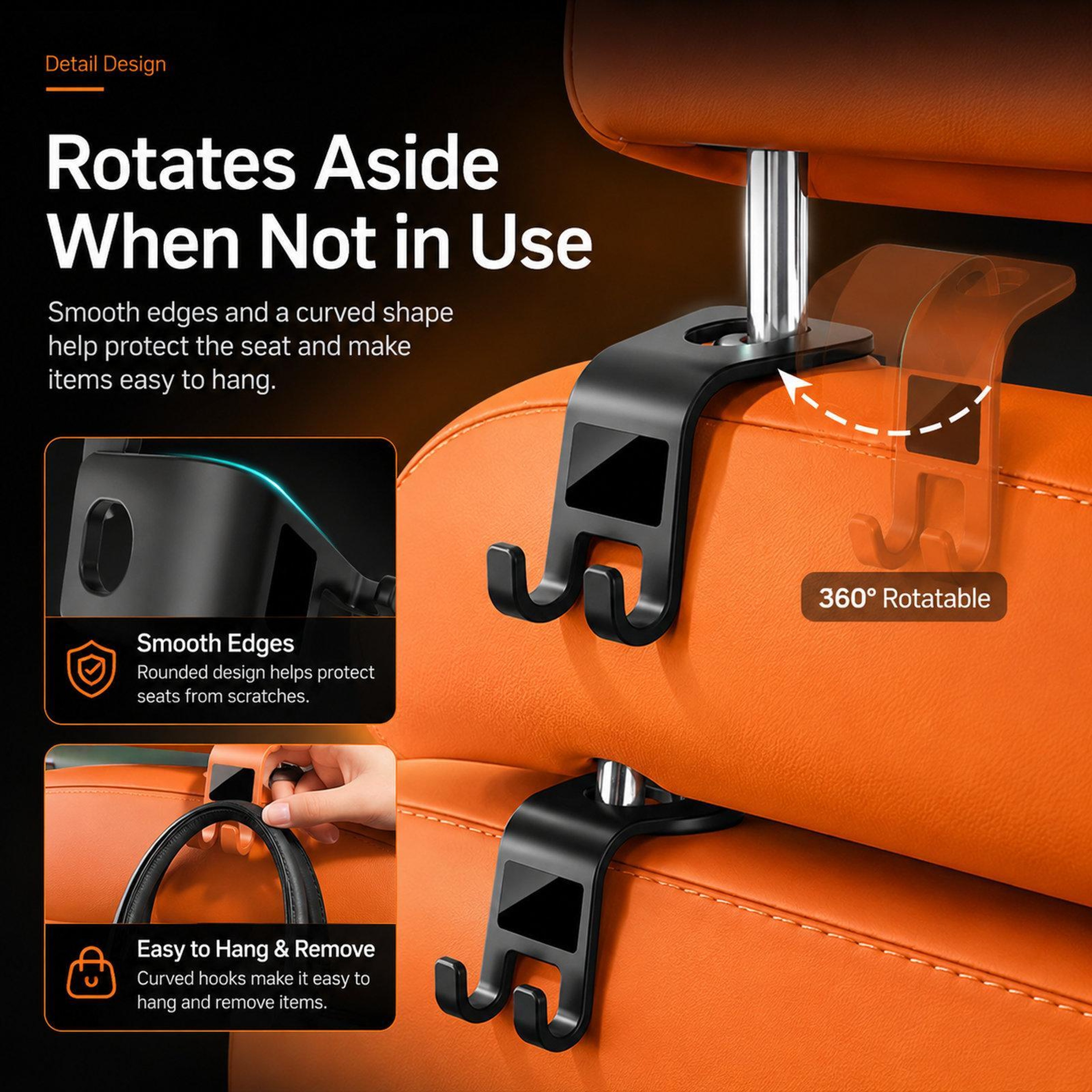 2-in-1 Car Headrest Hooks with 360° Tablet Holder & Backseat Organizer 2-Pack – view 7