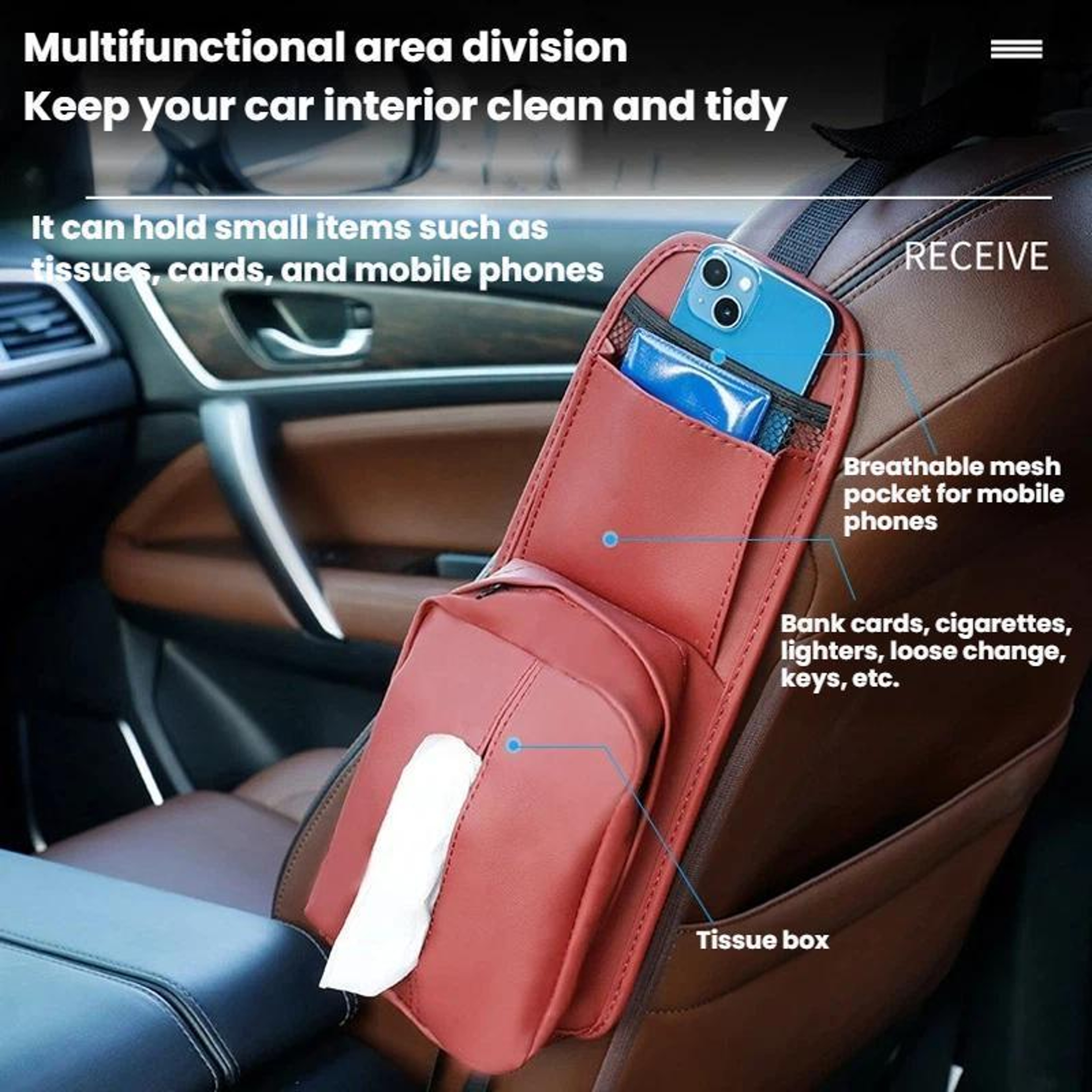 Car Seat Organizer Leather Tissue Holder Storage Pocket For Easy InCar Organization 1