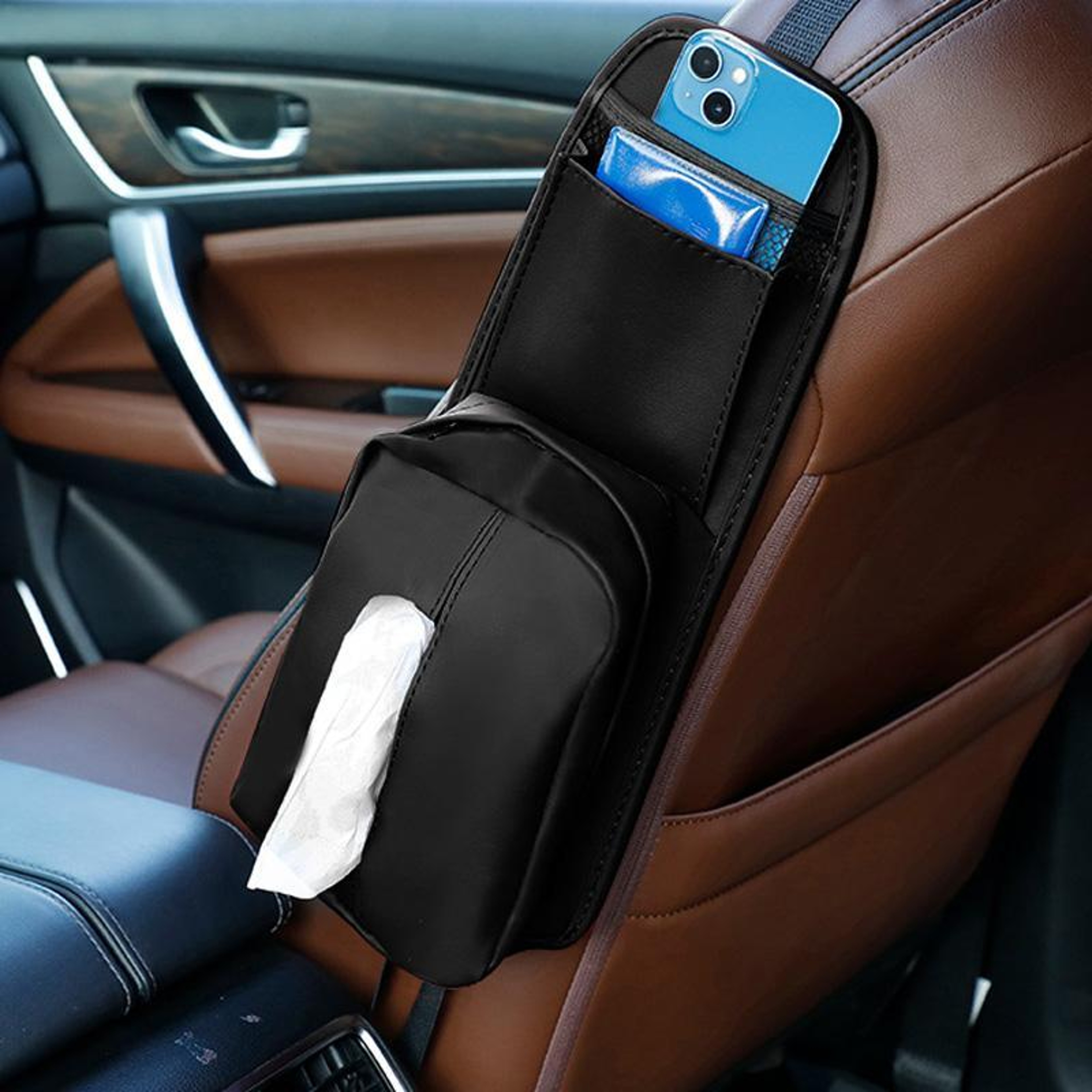 Car Seat Organizer Leather Tissue Holder Storage Pocket For Easy InCar Organization 6