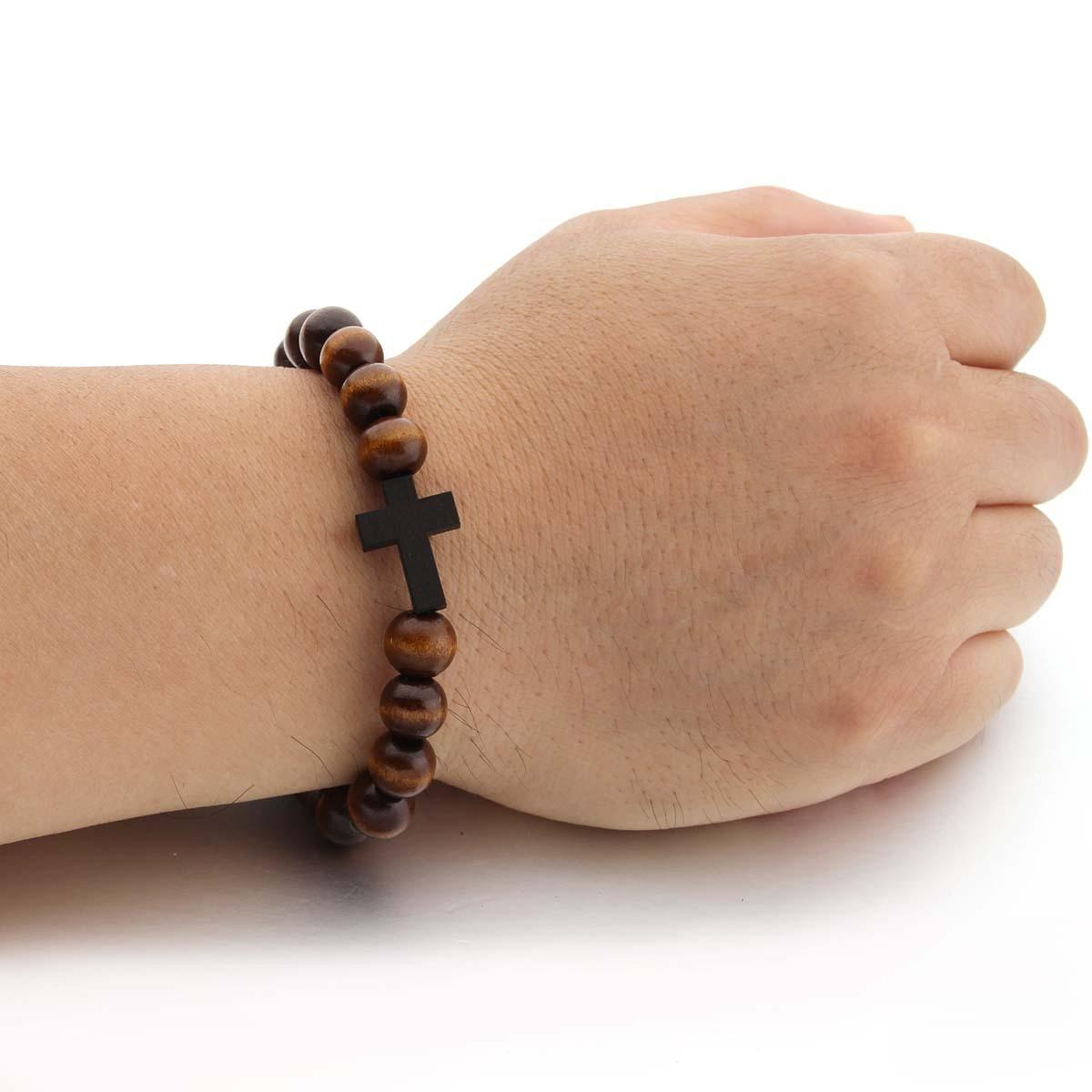 Handmade Wood Bead Bracelet With Cross Pendant Christian Prayer Faith Jewelry 0