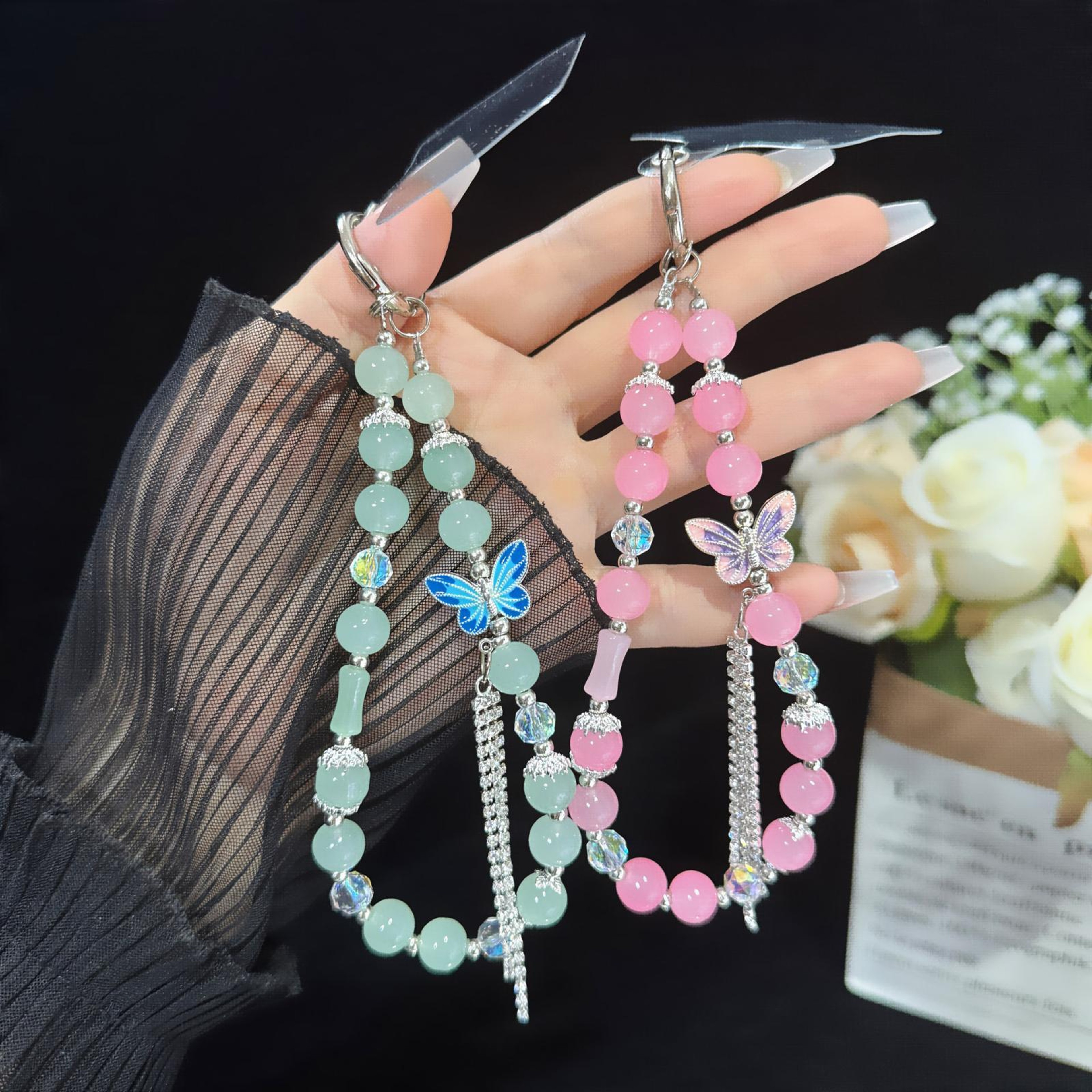 Pearl Butterfly Phone Wrist Strap Anti Lost Phone Charm Lanyard With Crystal Accents 1