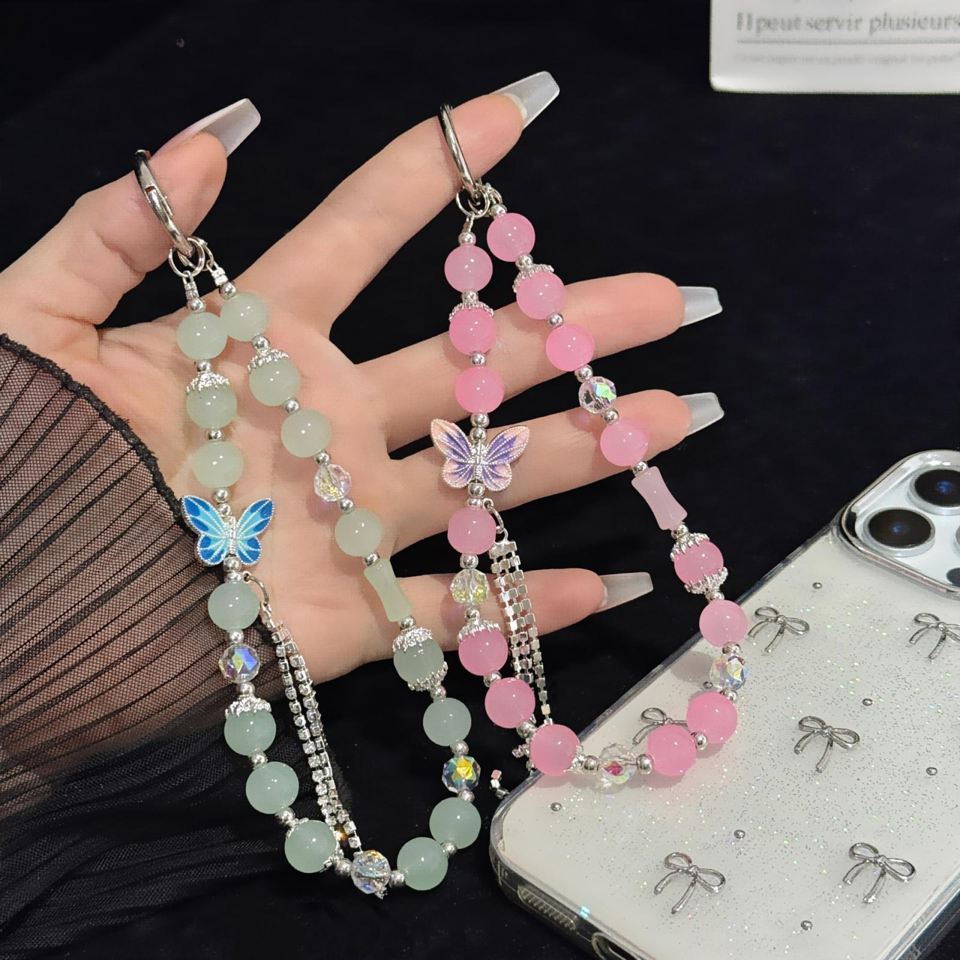 Pearl Butterfly Phone Wrist Strap Anti Lost Phone Charm Lanyard With Crystal Accents 3