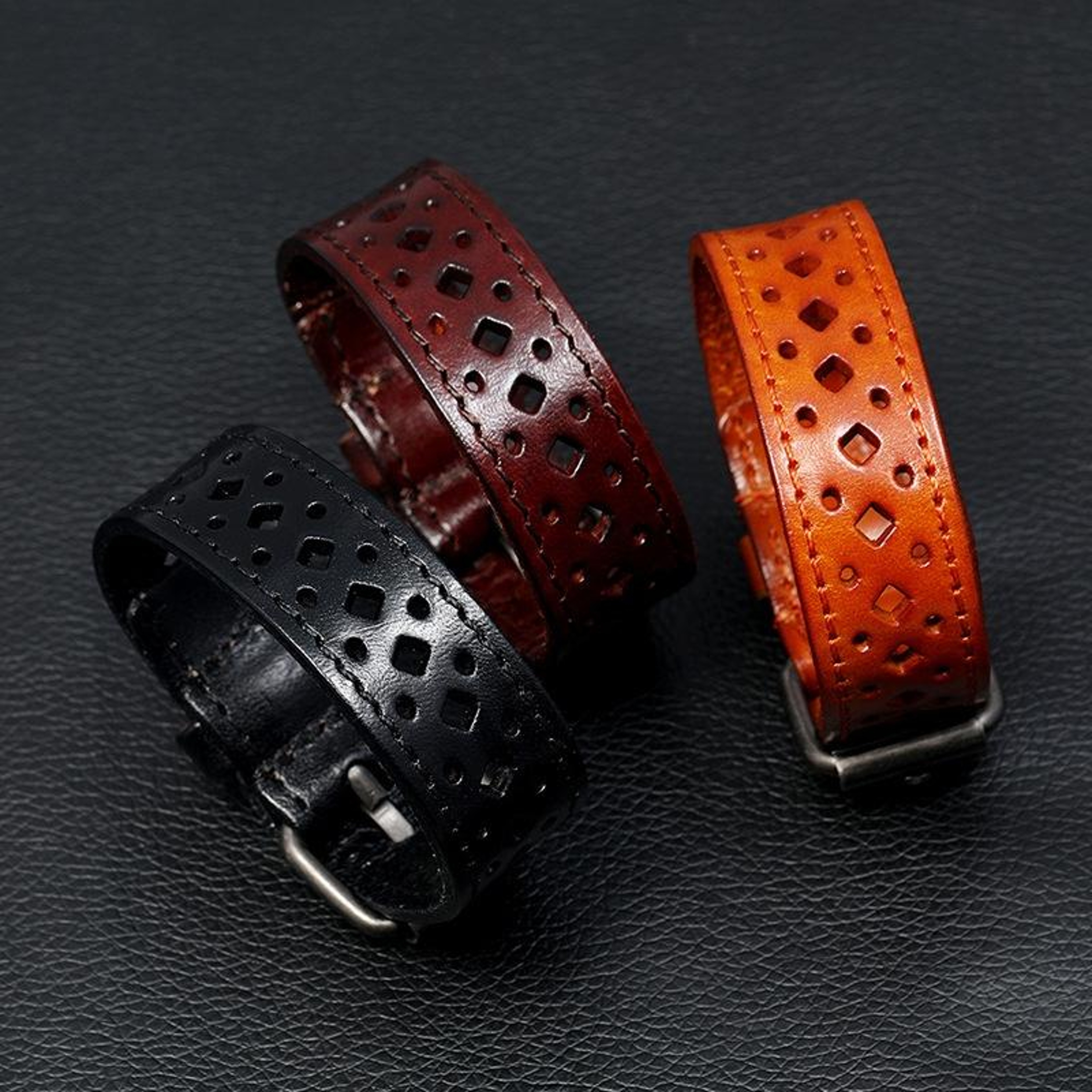 Vintage Leather Bracelet Unisex Retro Hollow Cuff Personalized Wristband 3