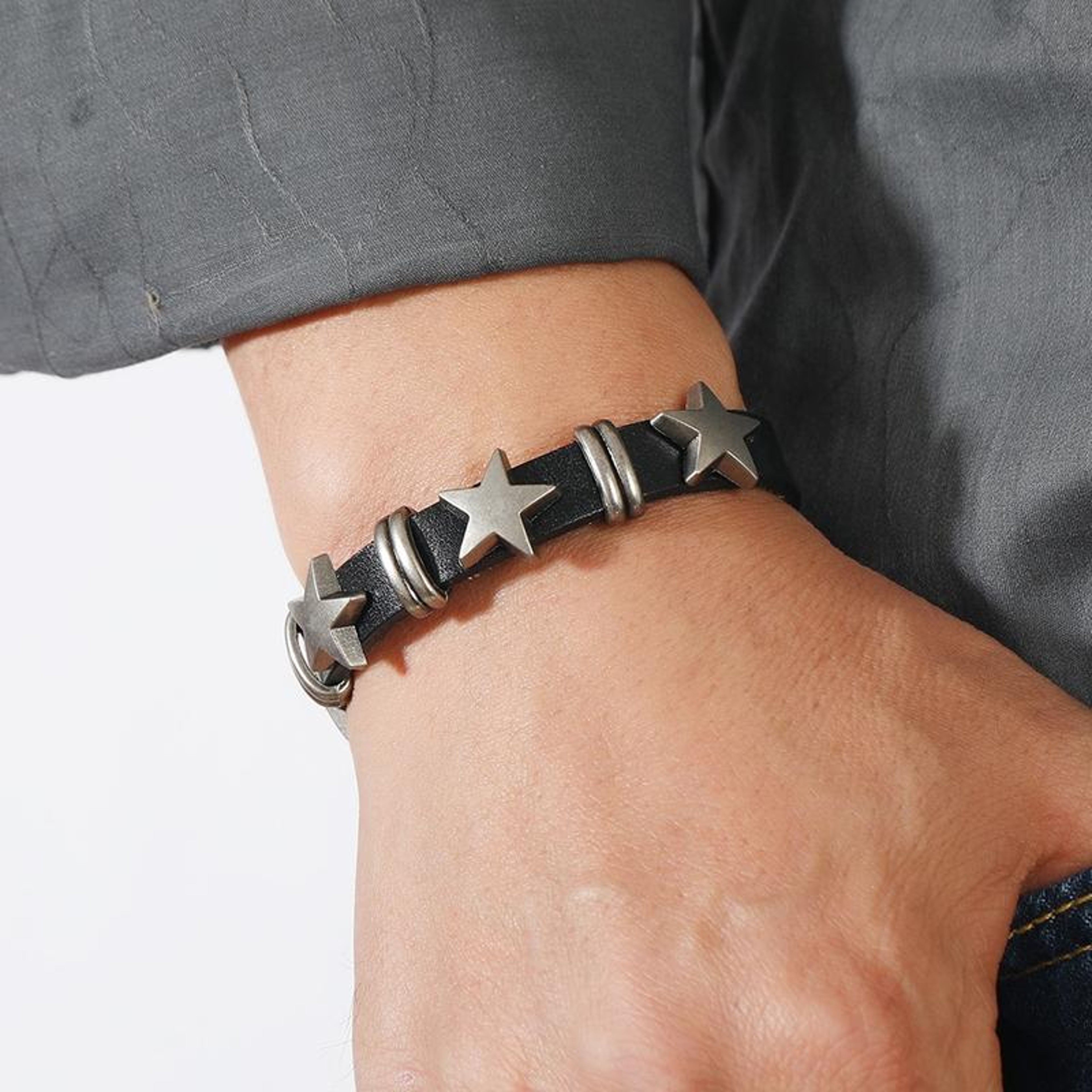 Vintage Punk Leather Bracelet With Pentagram Adjustable Unisex Cowhide Wristband 5