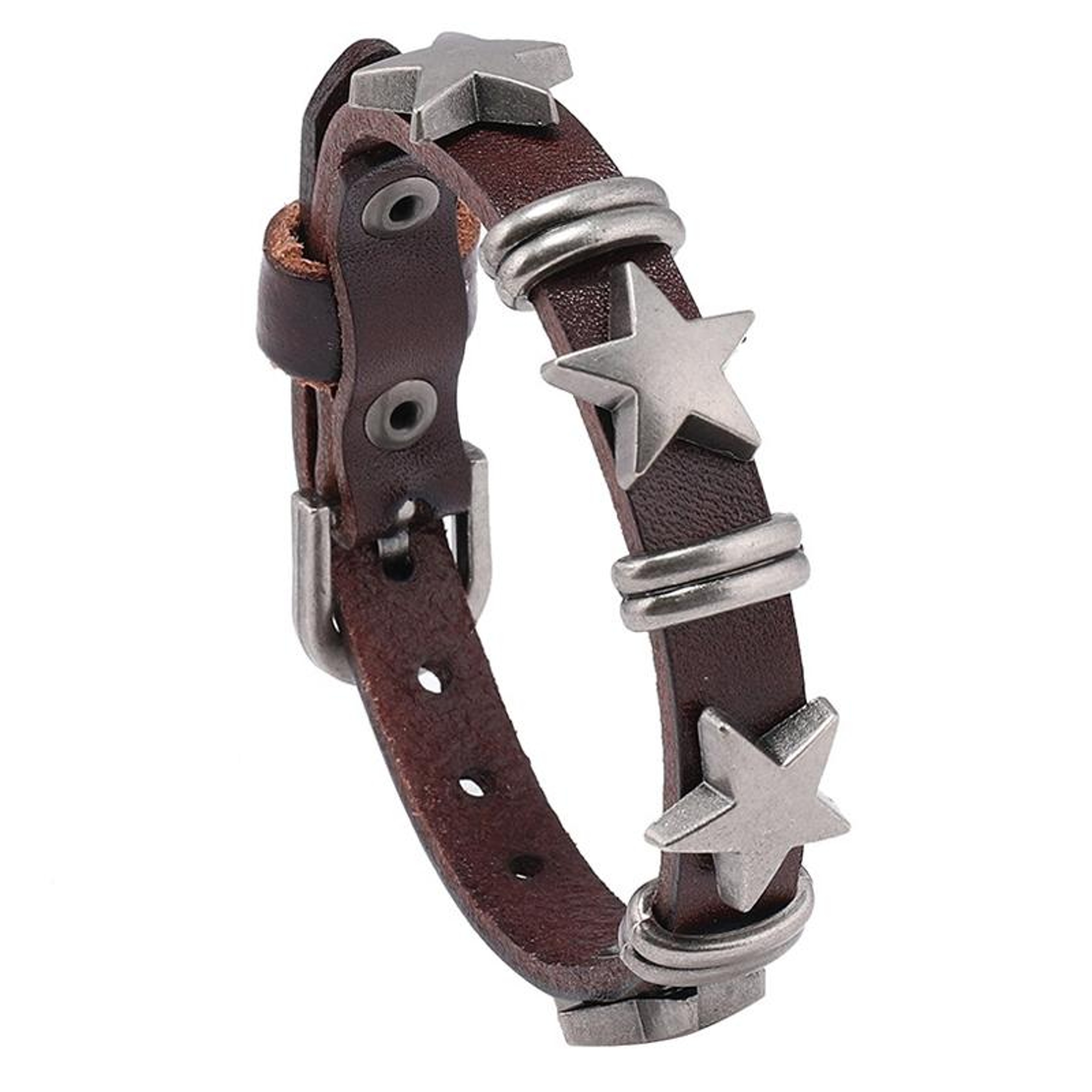 Vintage Punk Leather Bracelet With Pentagram Adjustable Unisex Cowhide Wristband 6