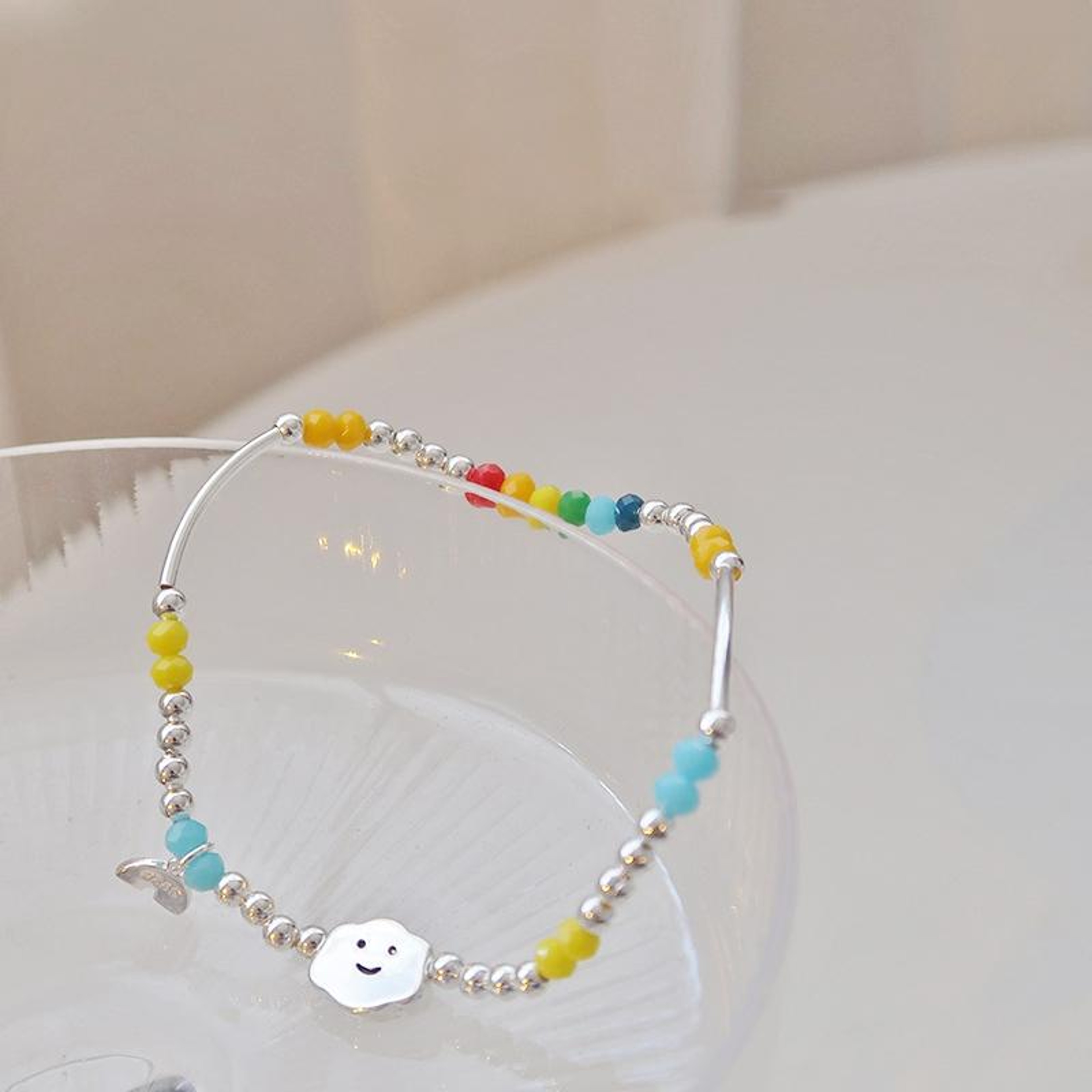 Silver Plated Smile Beaded Bracelet Rainbow Stretch Stackable Bracelet For Women 5