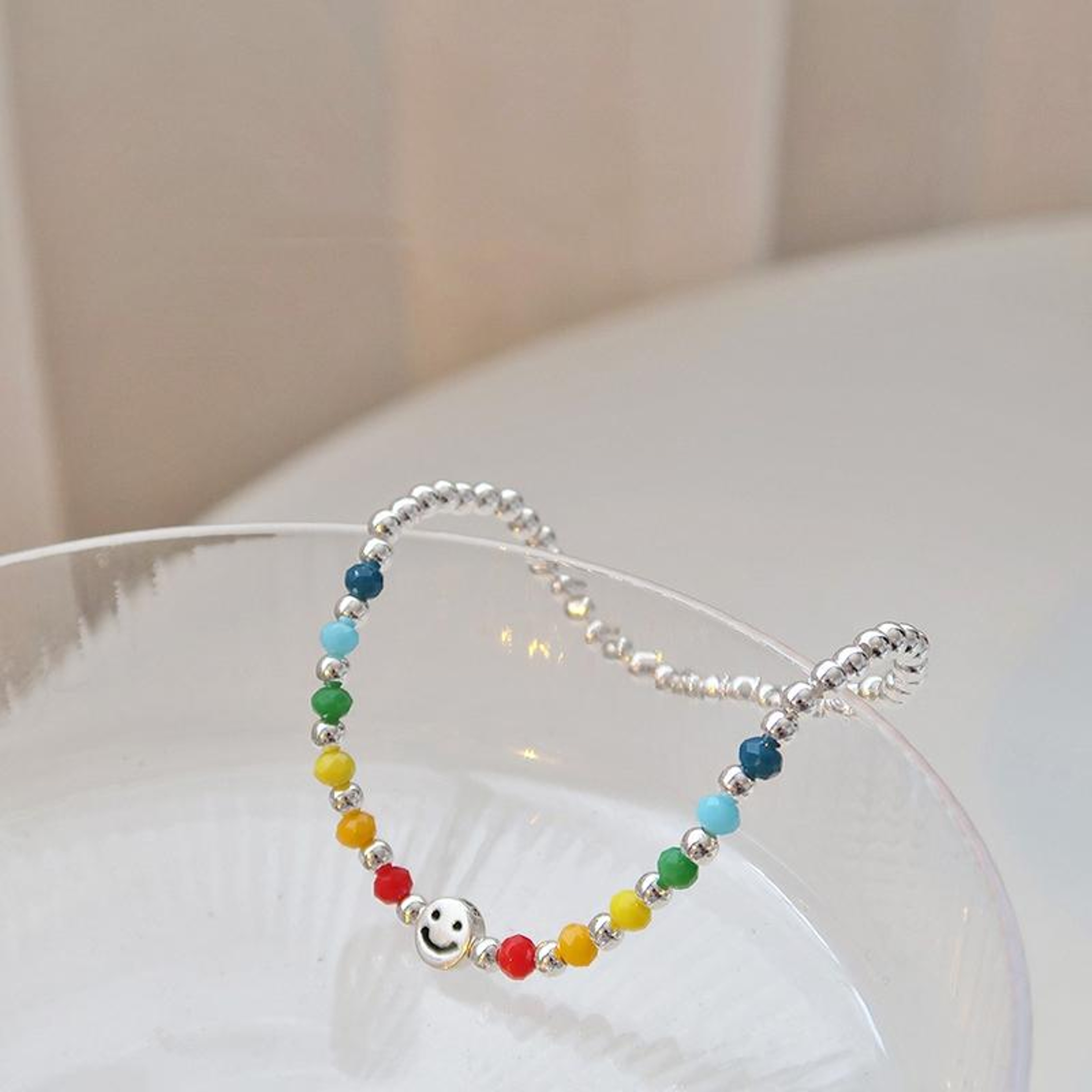 Silver Plated Smile Beaded Bracelet Rainbow Stretch Stackable Bracelet For Women 7