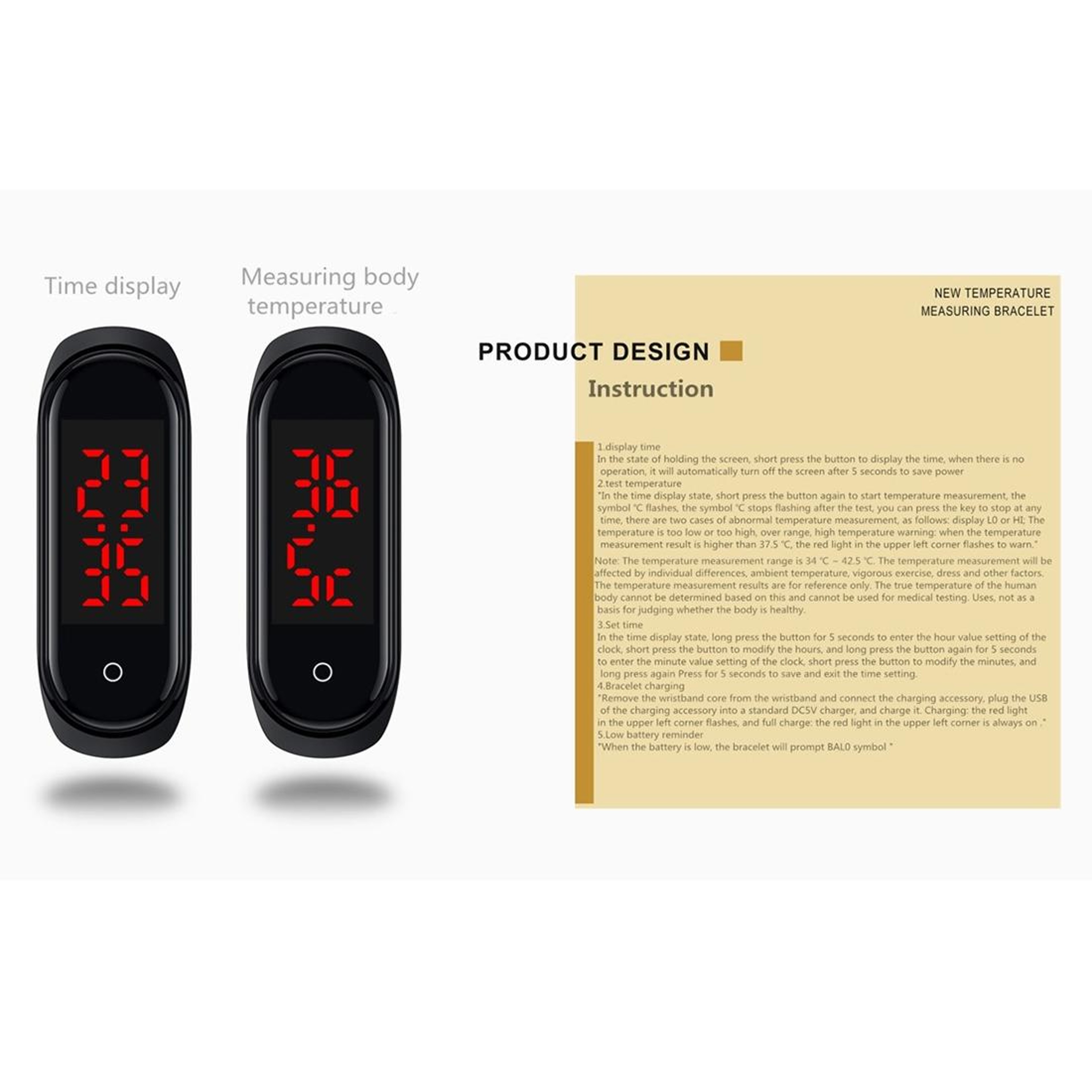 V8 Smart Temperature Monitoring Bracelet Digital Temperature Tracker Wristband with LED Time Display – view 6