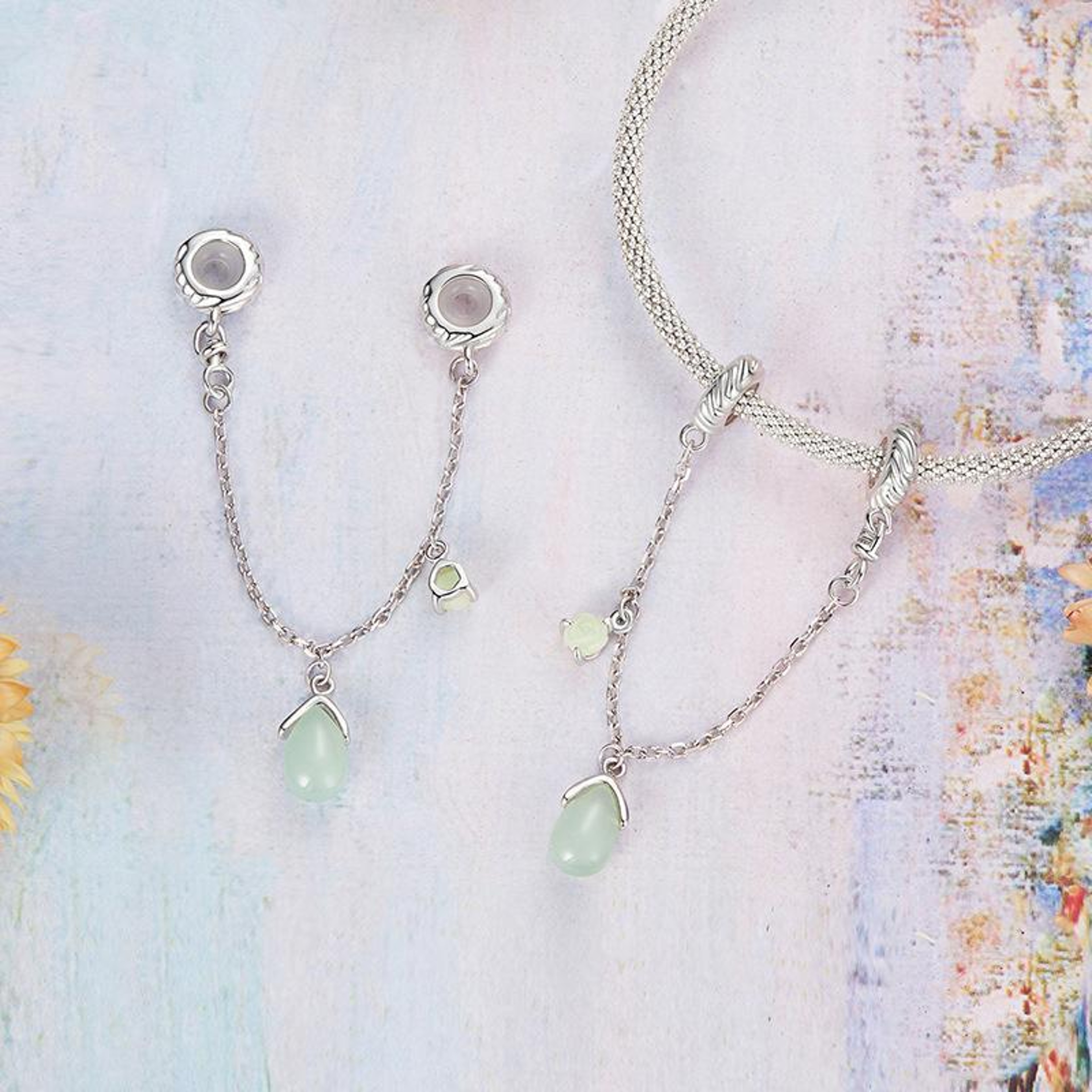 Silver Safety Chain Water Drop Charm Bracelet Connector Bead 2