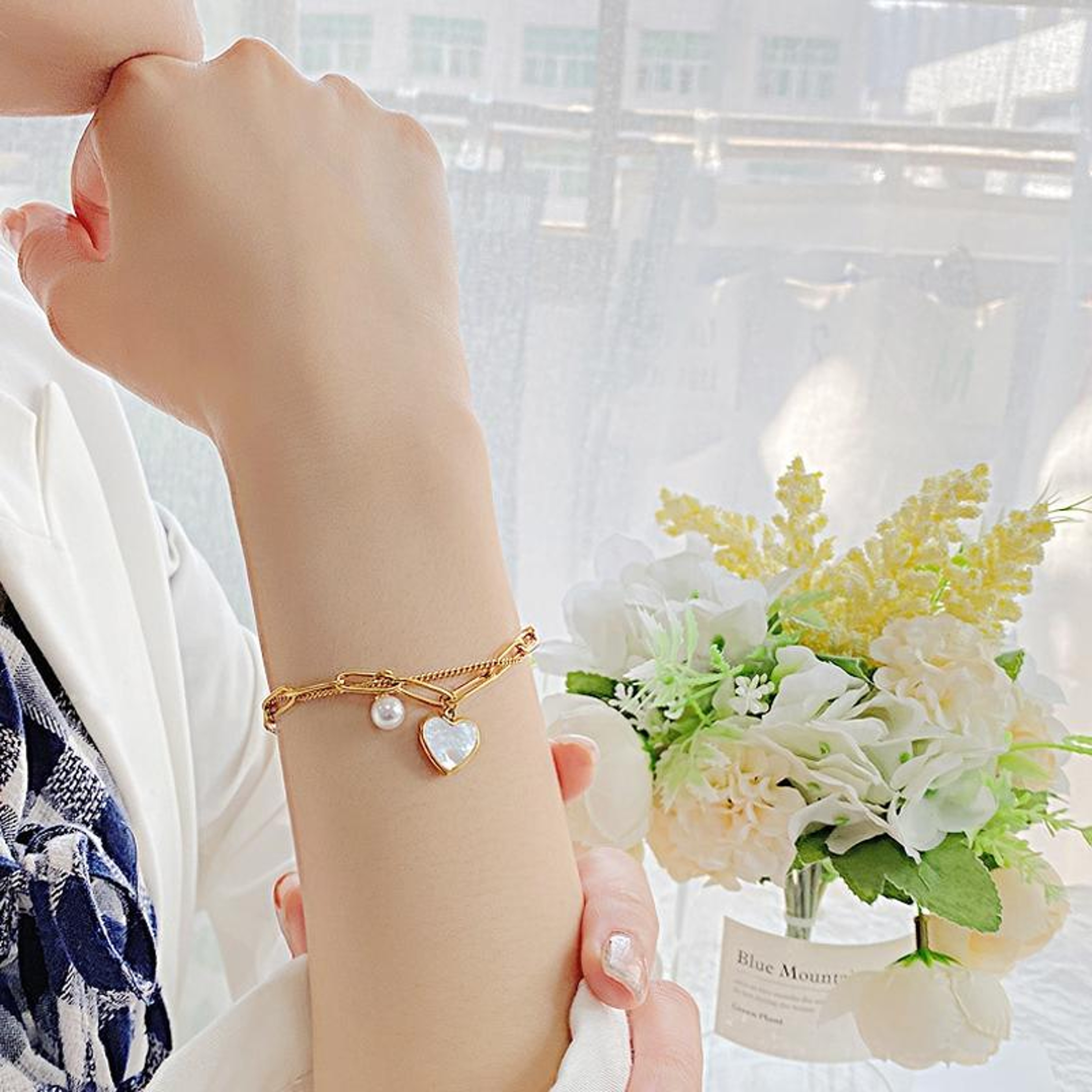 OPK Double Layer Stainless Steel Bracelet With Peach Heart Pearl Charm For Women 0