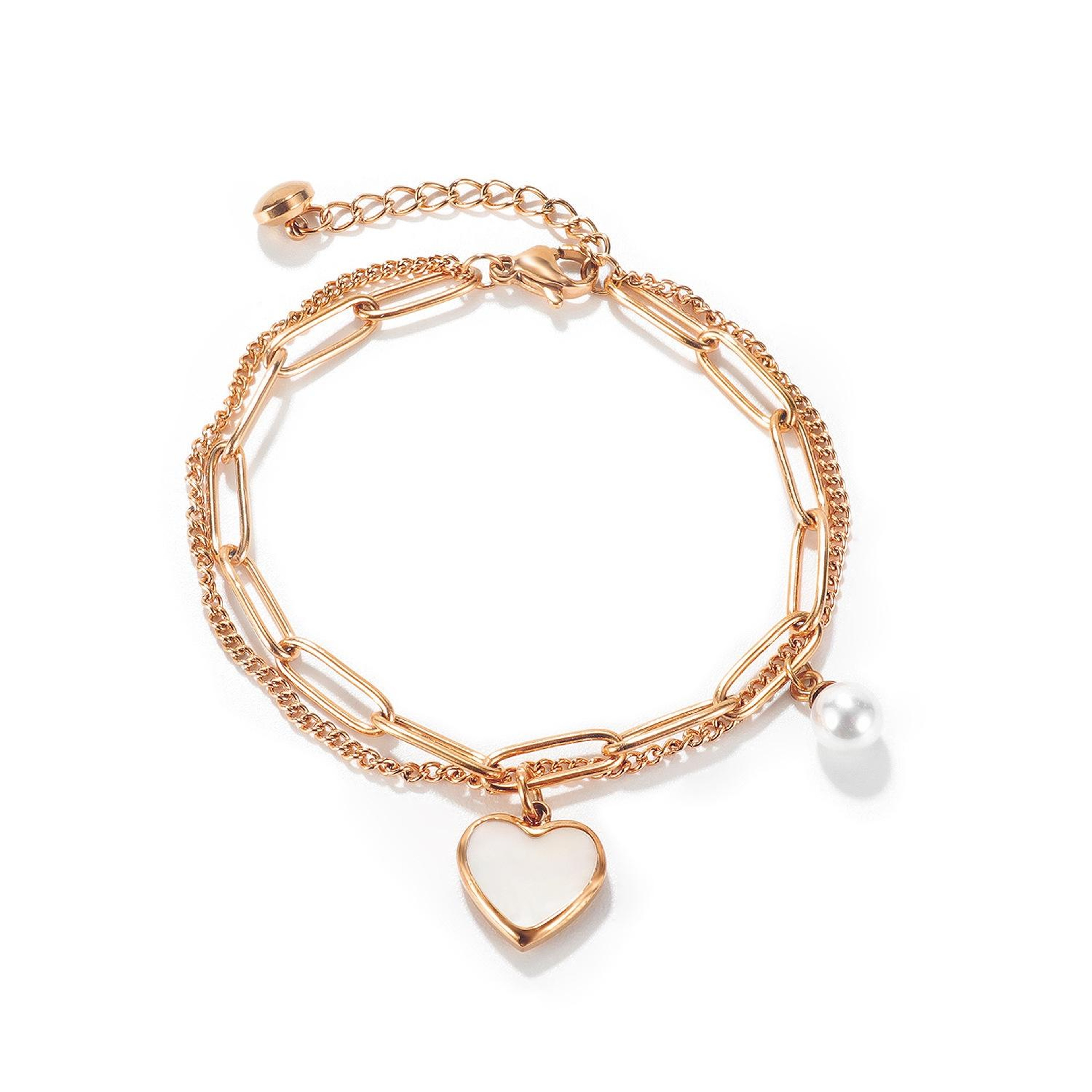 OPK Double Layer Stainless Steel Bracelet With Peach Heart Pearl Charm For Women 6