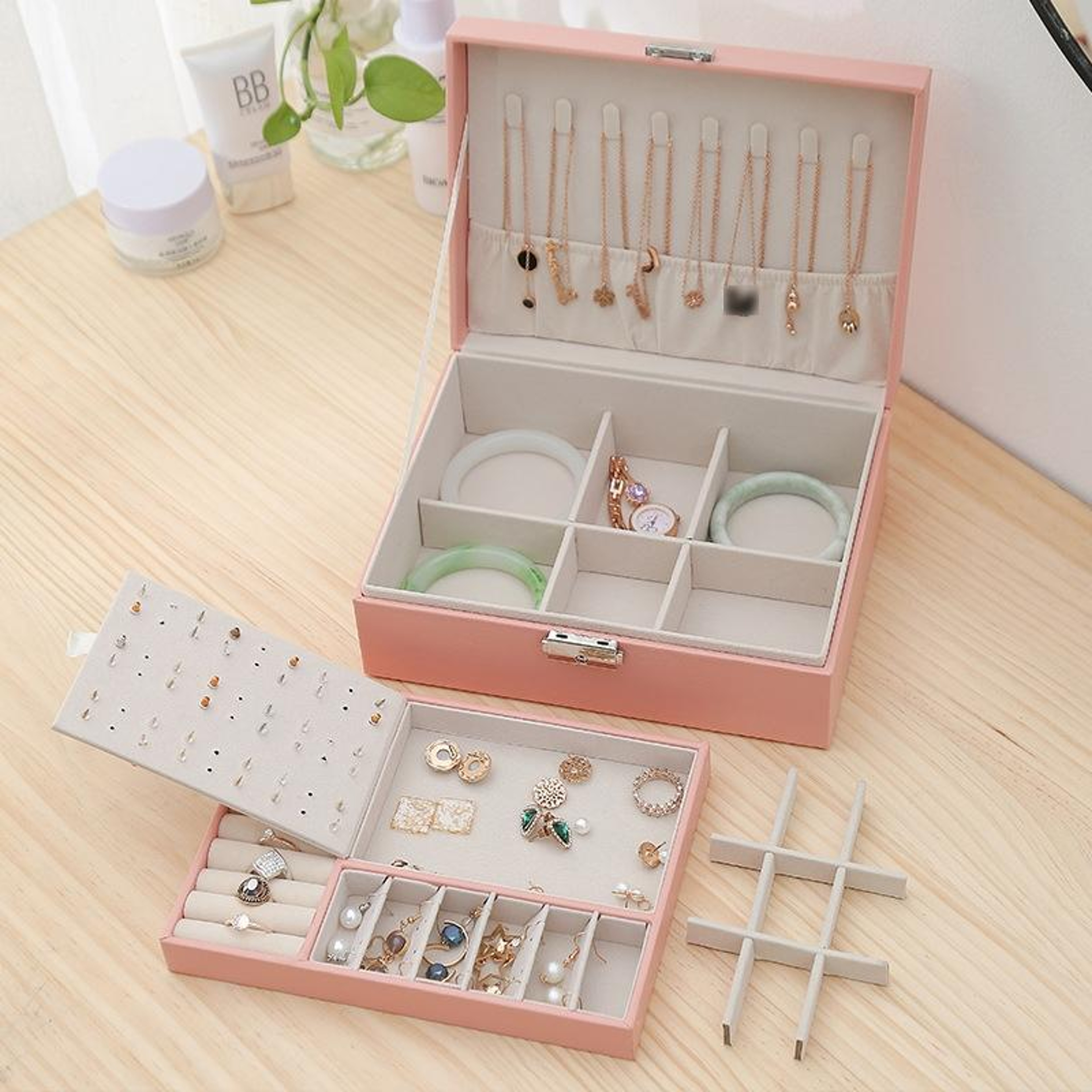 Double Layer Jewelry Box With Lock Premium PU Leather Jewelry Storage Organizer 4