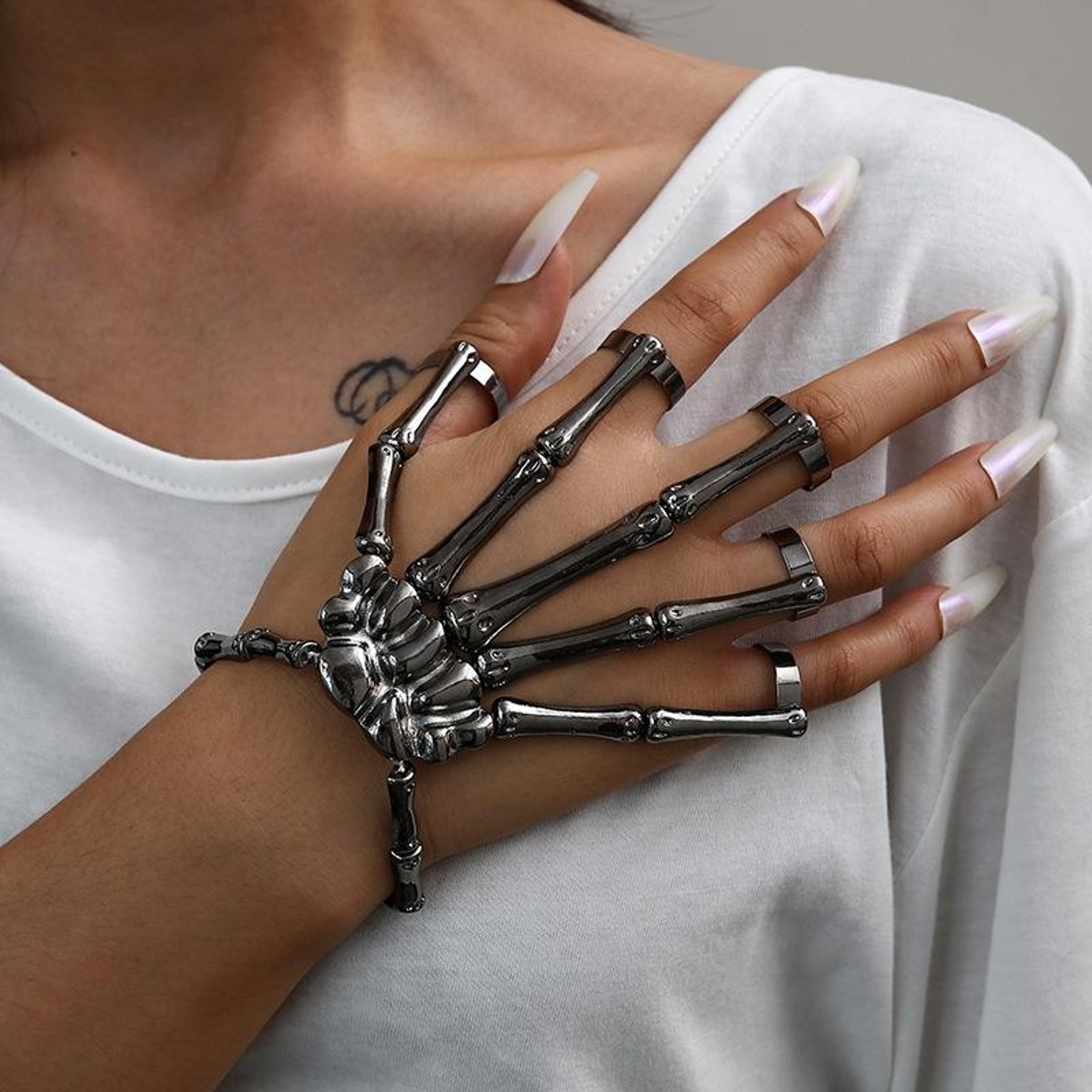 Punk Skull Hand Bone Five Finger Ring Adjustable Skull Ring Gothic Jewelry 0