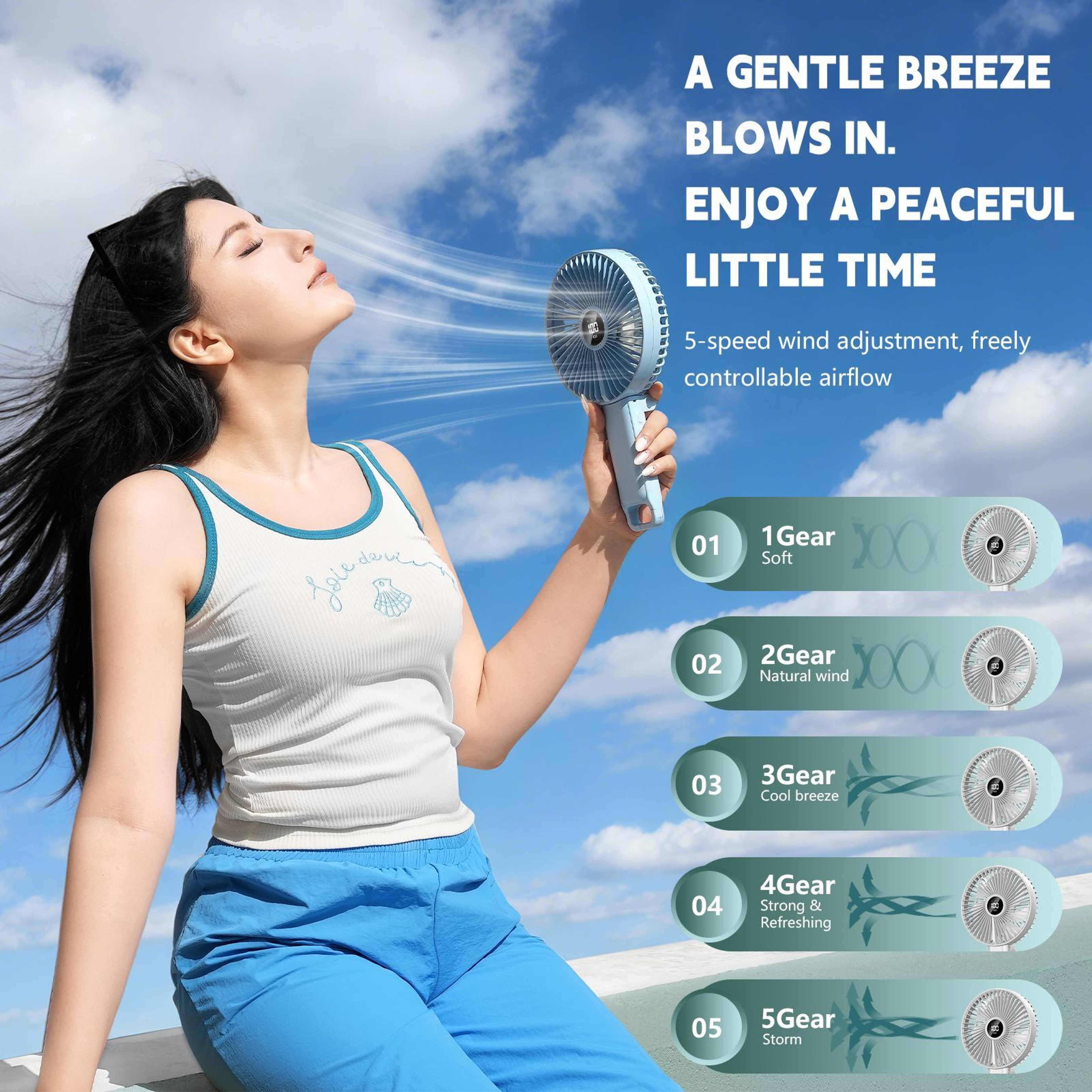 F7 Portable Handheld Fan Foldable Rechargeable Fan With LED Display And 5Speed Cooling 2