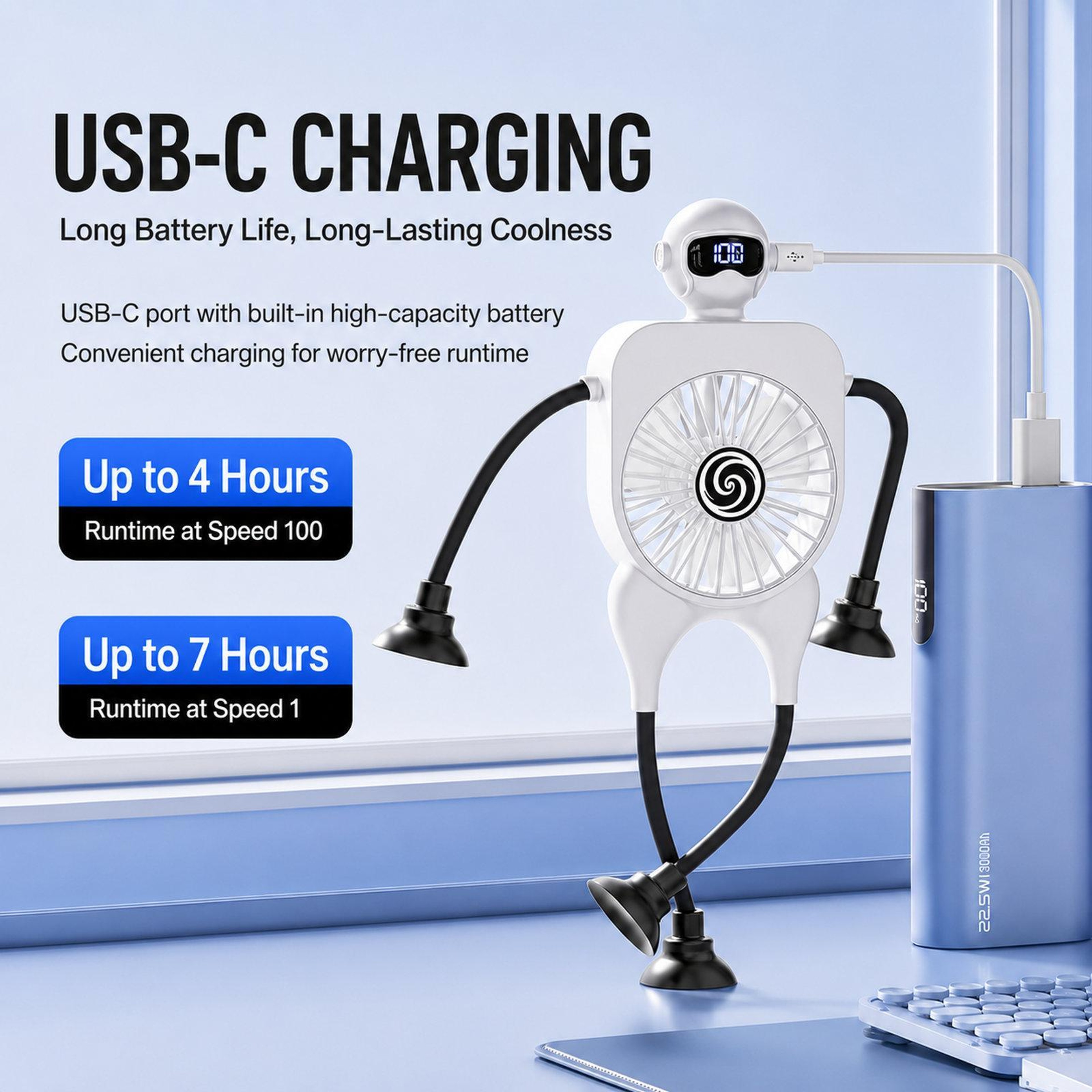 F17 Portable Desk Fan With Digital Display 100 Speed Levels And Suction Cup Fan Mount 7