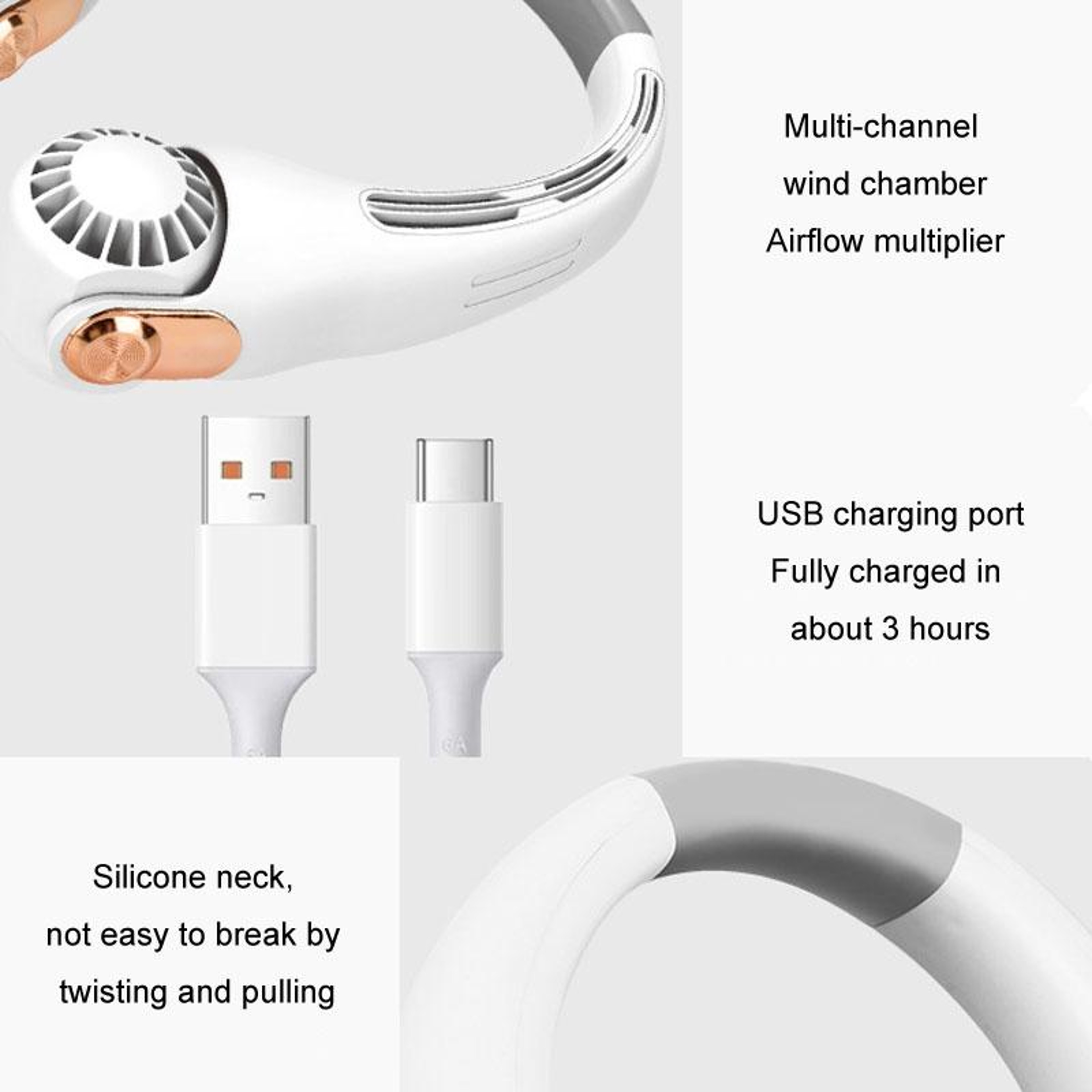Mini Portable Neck Fan USB Rechargeable HandsFree Personal Cooling Fan With Adjustable Silicone Des 5