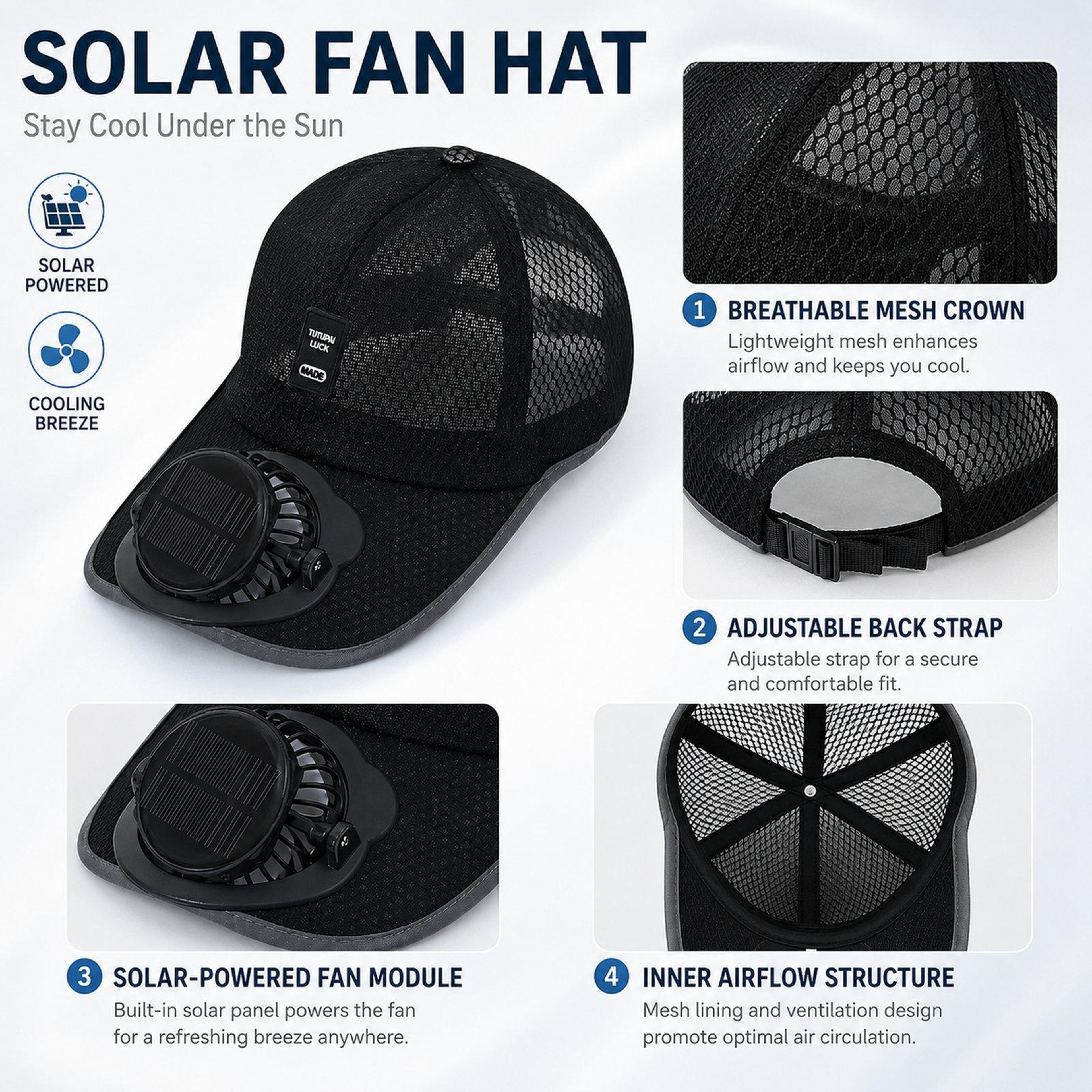 Solar Fan Hat Rechargeable Cooling Hat With 3 Speed Adjustable Breathable Sun Cap 2