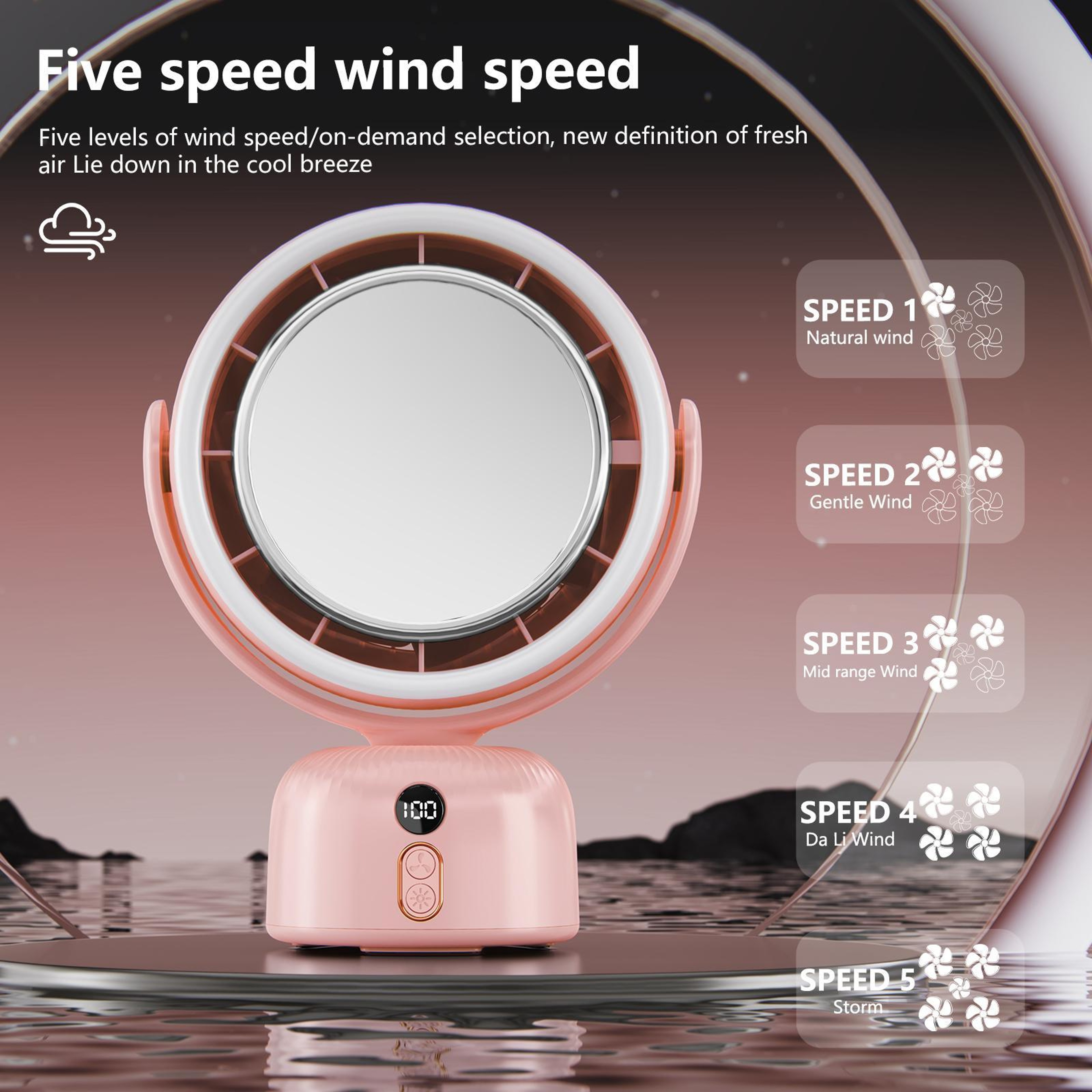 F2 Lighted Makeup Mirror With Desktop Fan Rechargeable Vanity Mirror With LED Fill Light 4