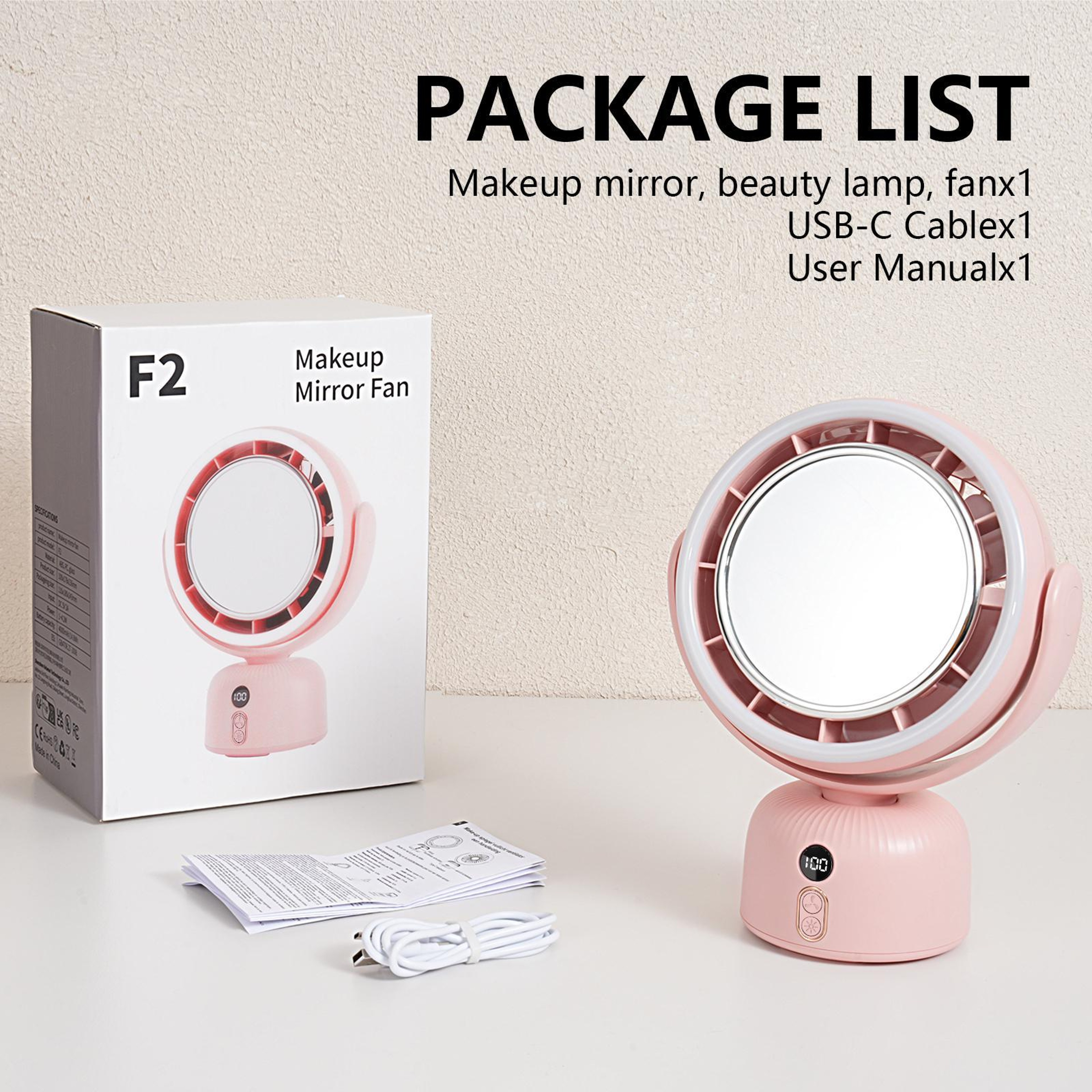 F2 Lighted Makeup Mirror With Desktop Fan Rechargeable Vanity Mirror With LED Fill Light 7