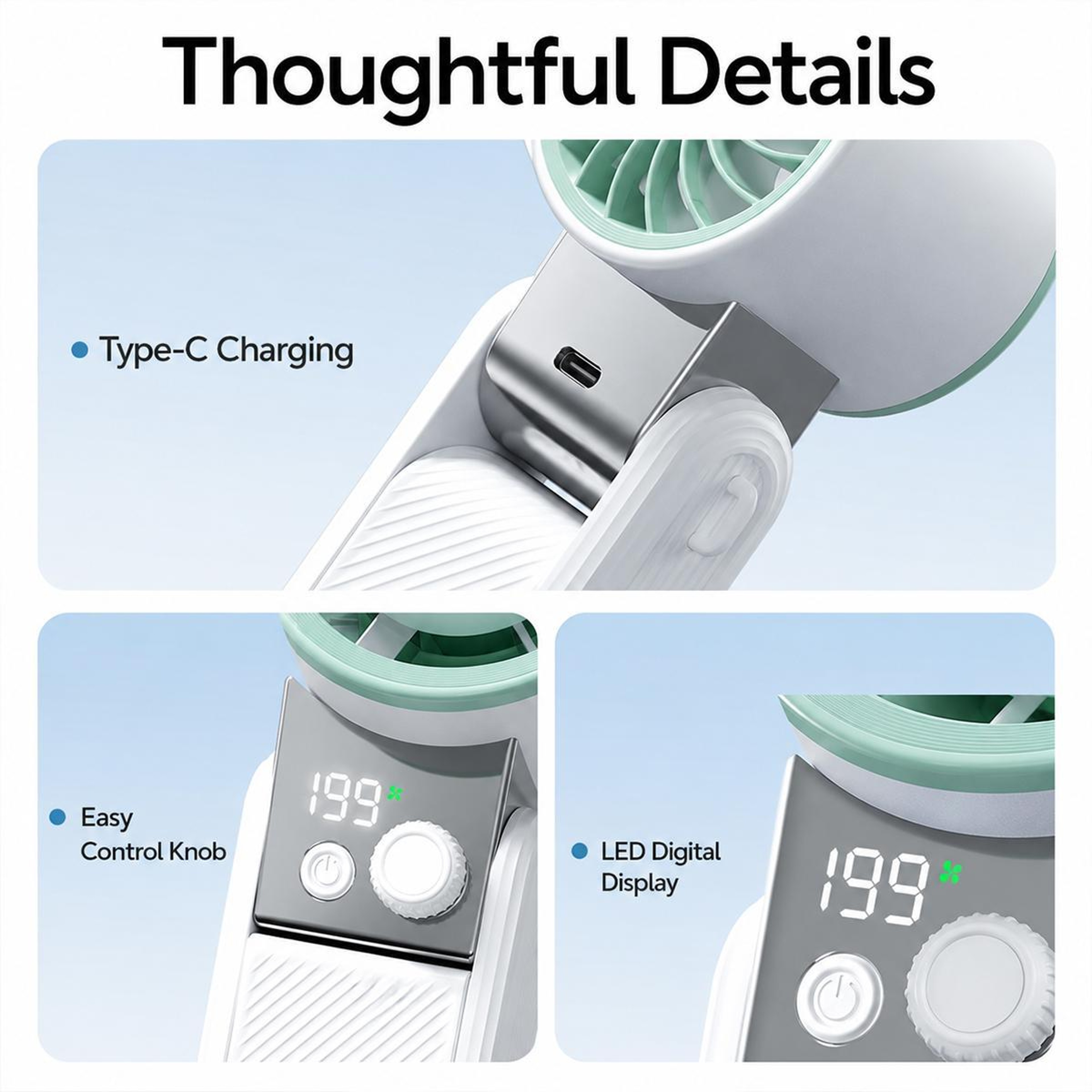 Smart Digital Display Handheld Cooling Fan With 199 Speed Levels Tri Fold Portable USB Rechargeable 9