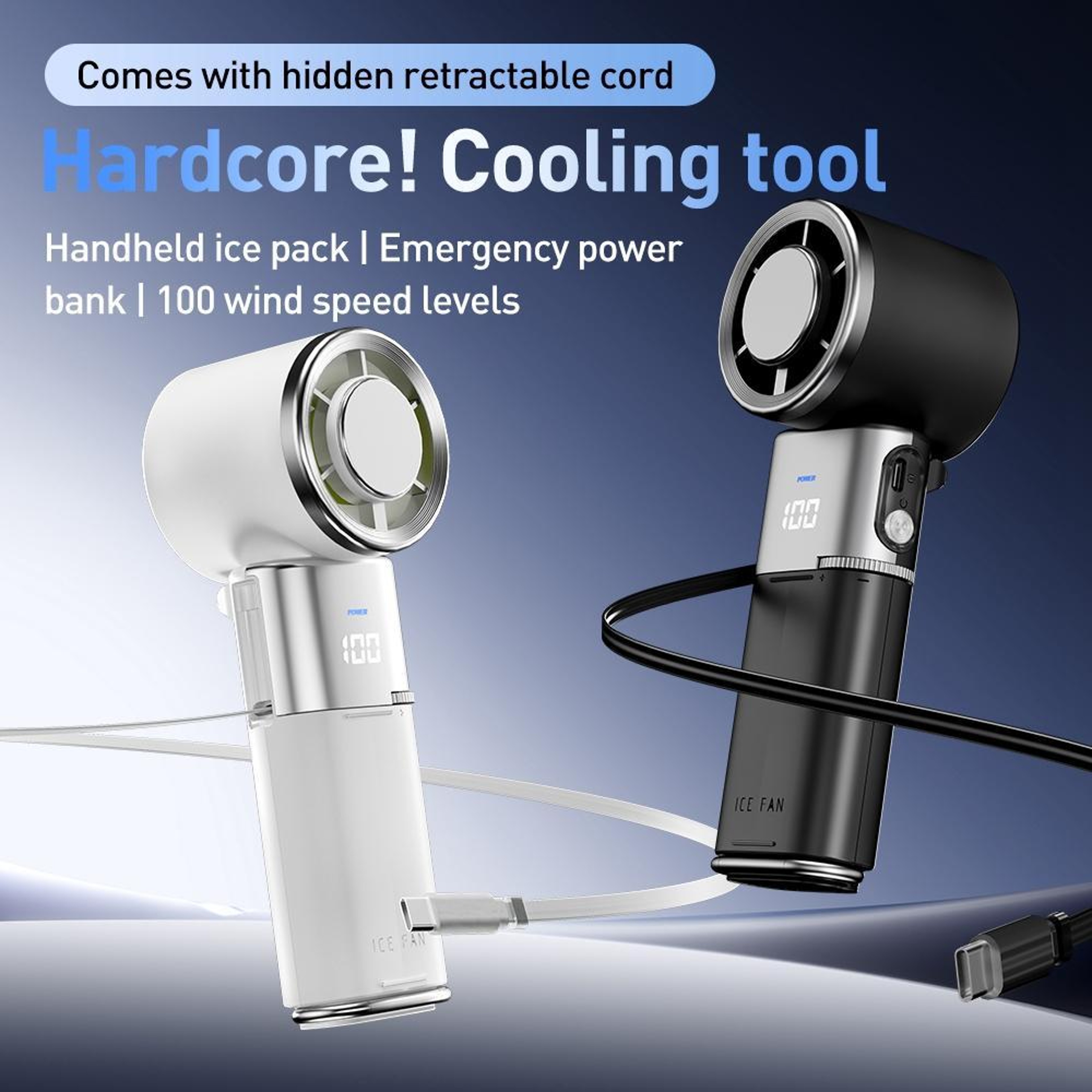 High Speed Ice Compress Handheld Fan With 6000mAh Battery And Retractable Type C Cable 1