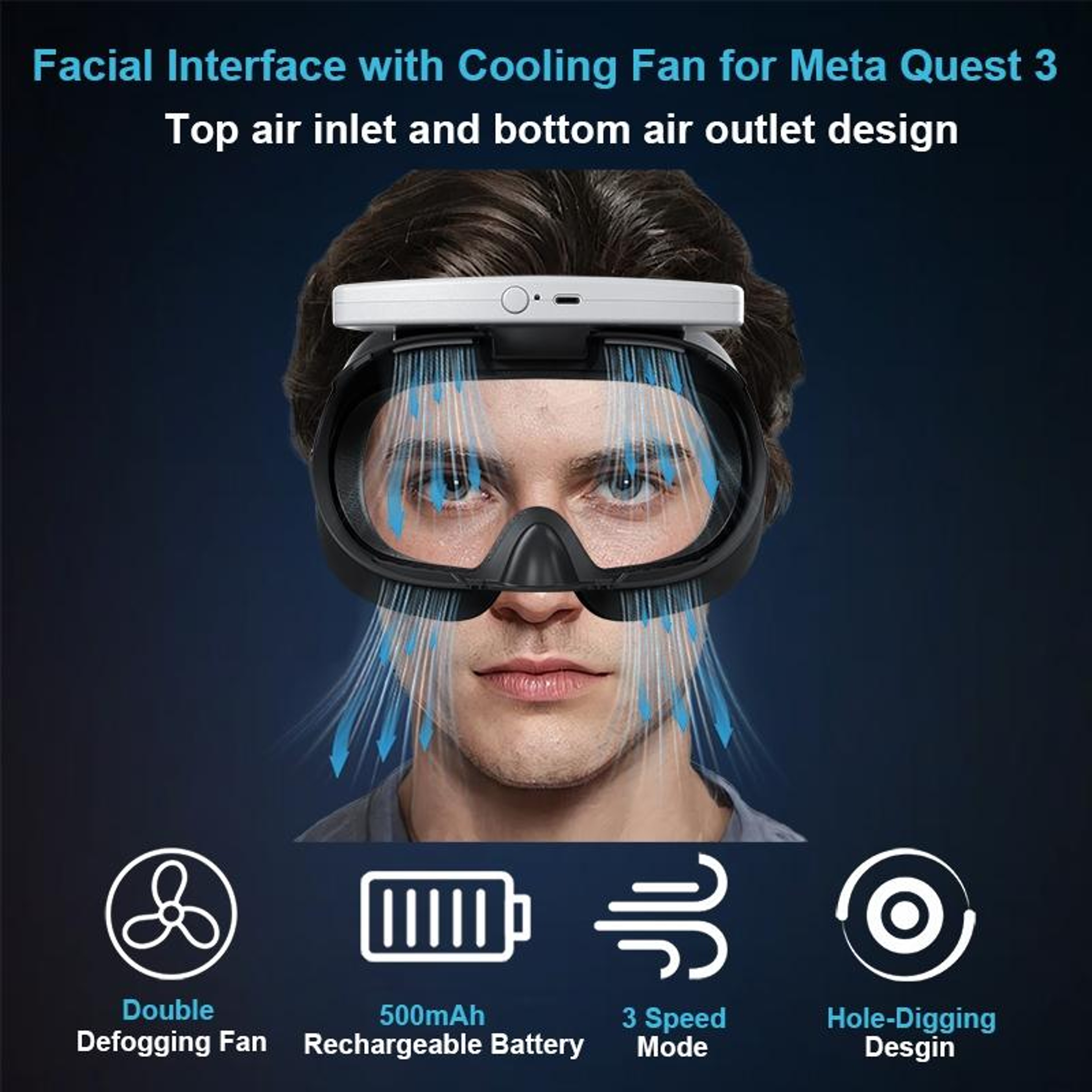 Meta Quest 3 Face Cover VR Replacement Mask with Cooling Fan Breathable Facial Interface – view 3
