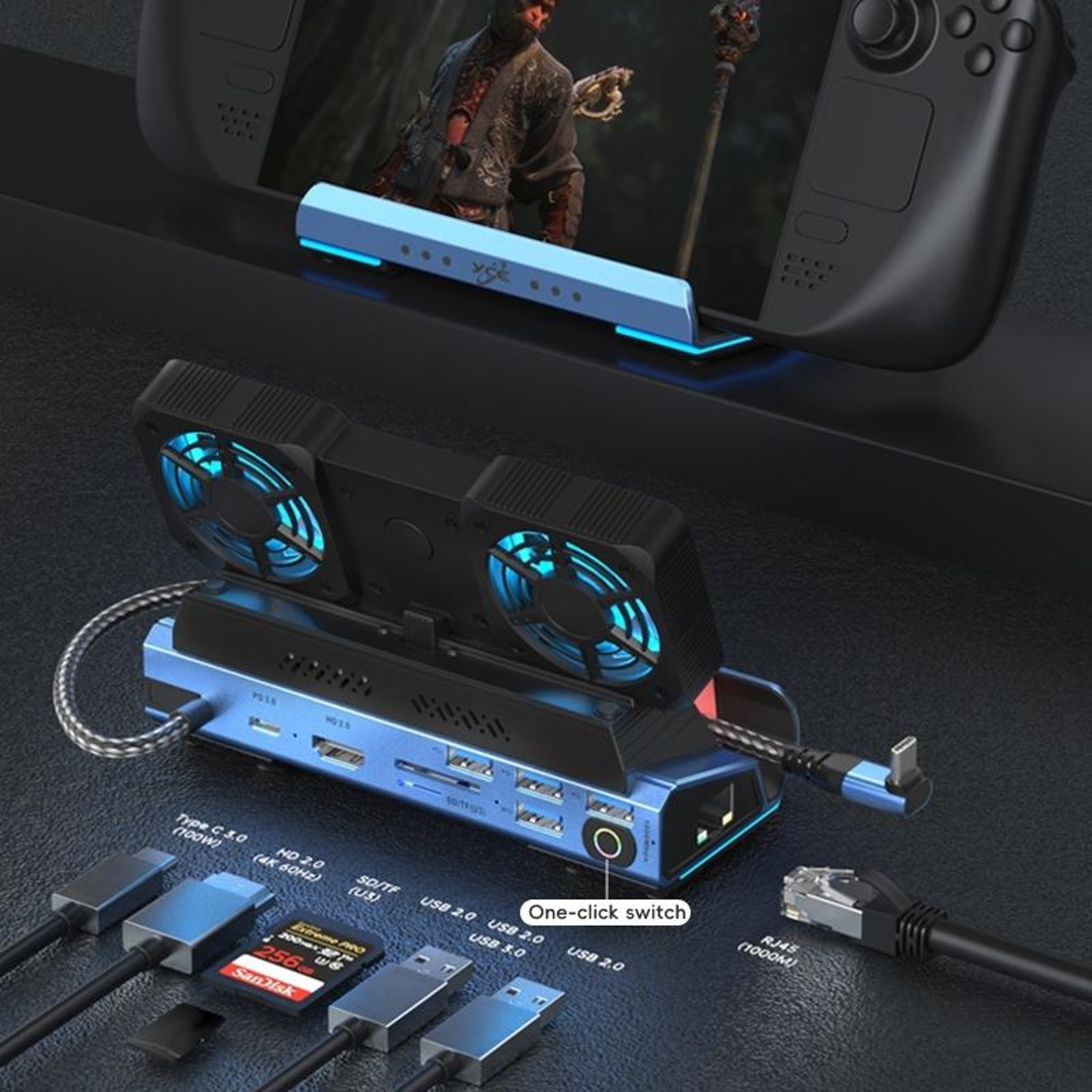 USB C Gaming Dock with Cooling Fan 4K HDMI PD Charging for Steam Deck ROG Ally Switch – view 2