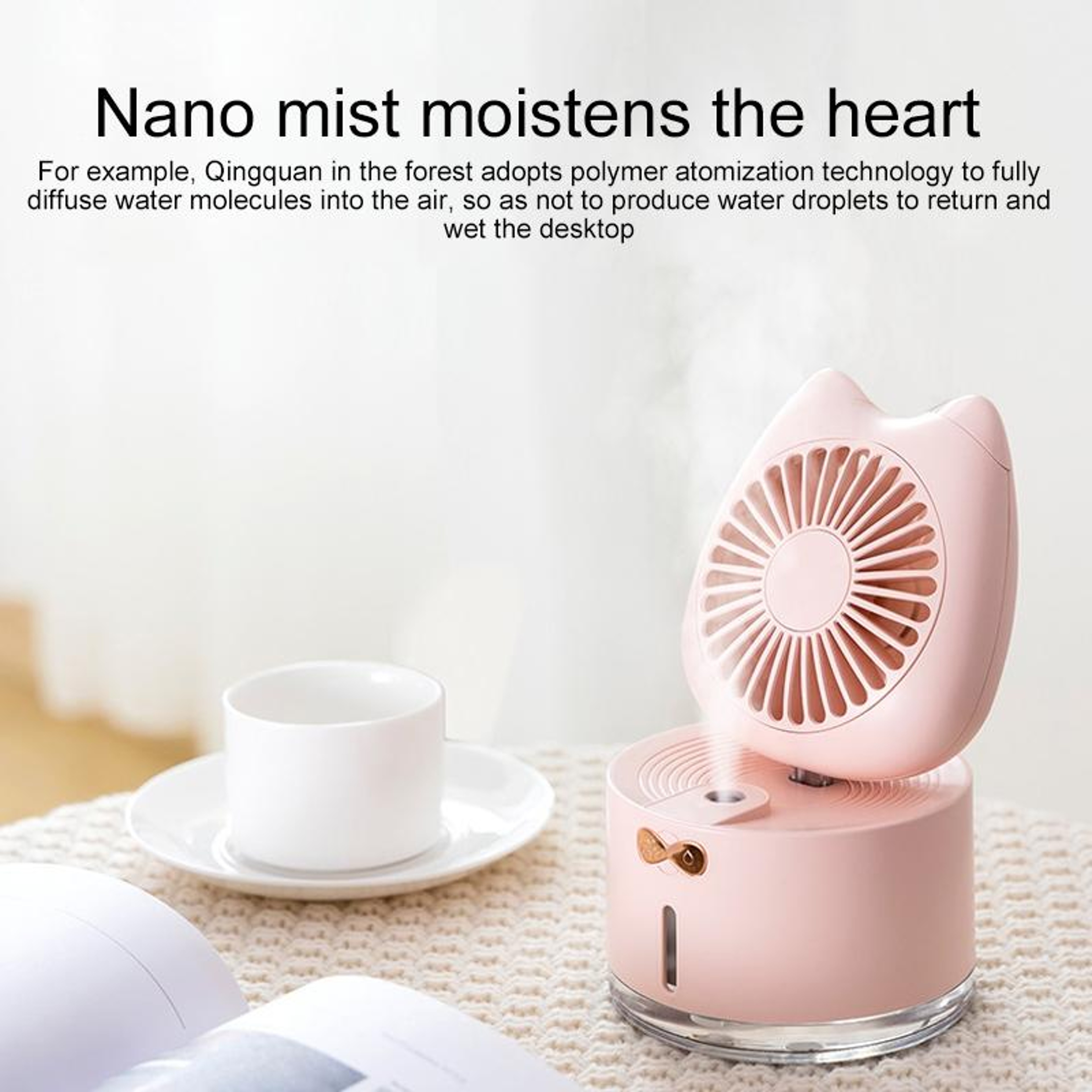 Cat Shape Desktop Humidifier Fan Rechargeable Mist Fan With Adjustable Cooling Airflow 4