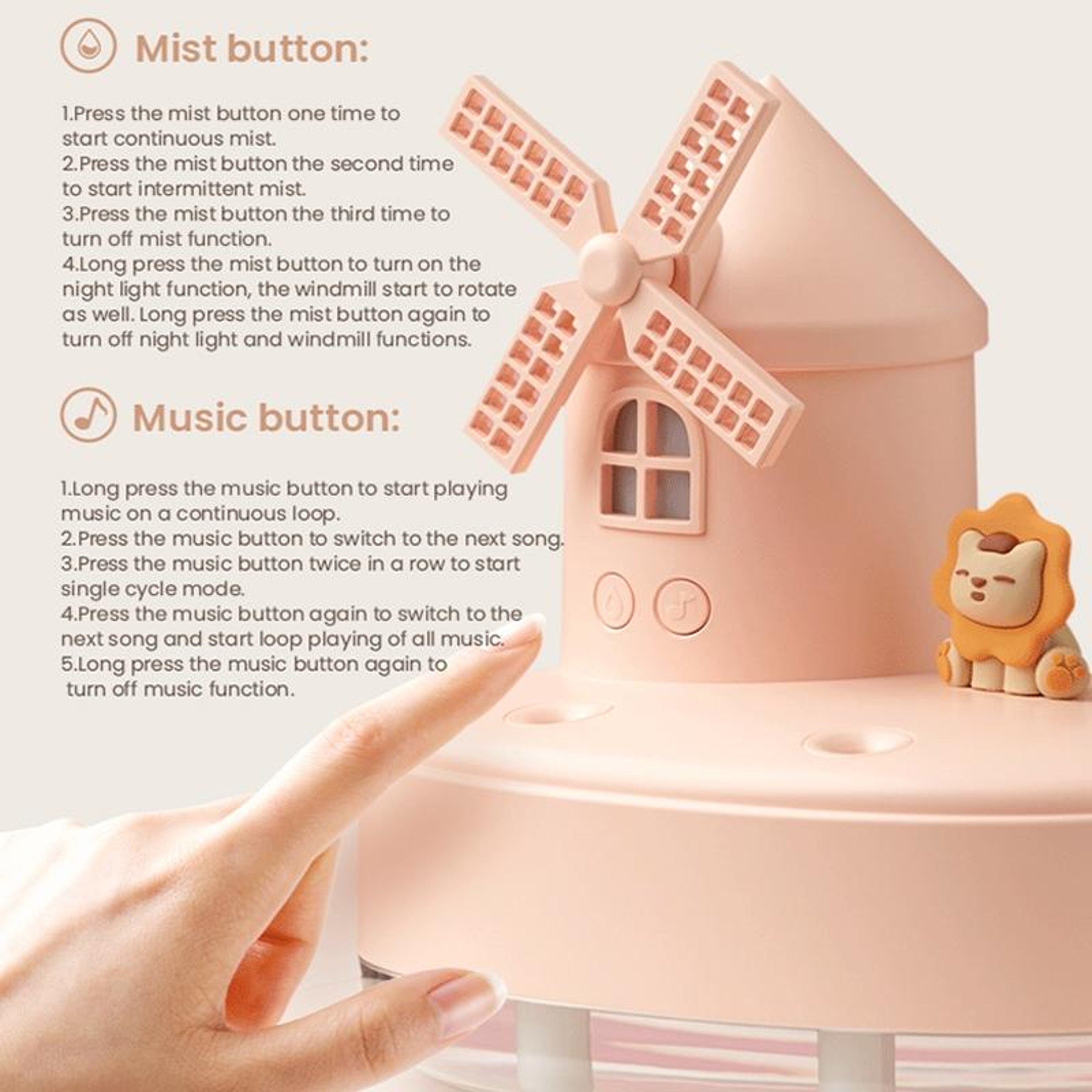 Wireless Mini Desktop Humidifier With Dual Mist LED Light Music Box And Windmill Design 8