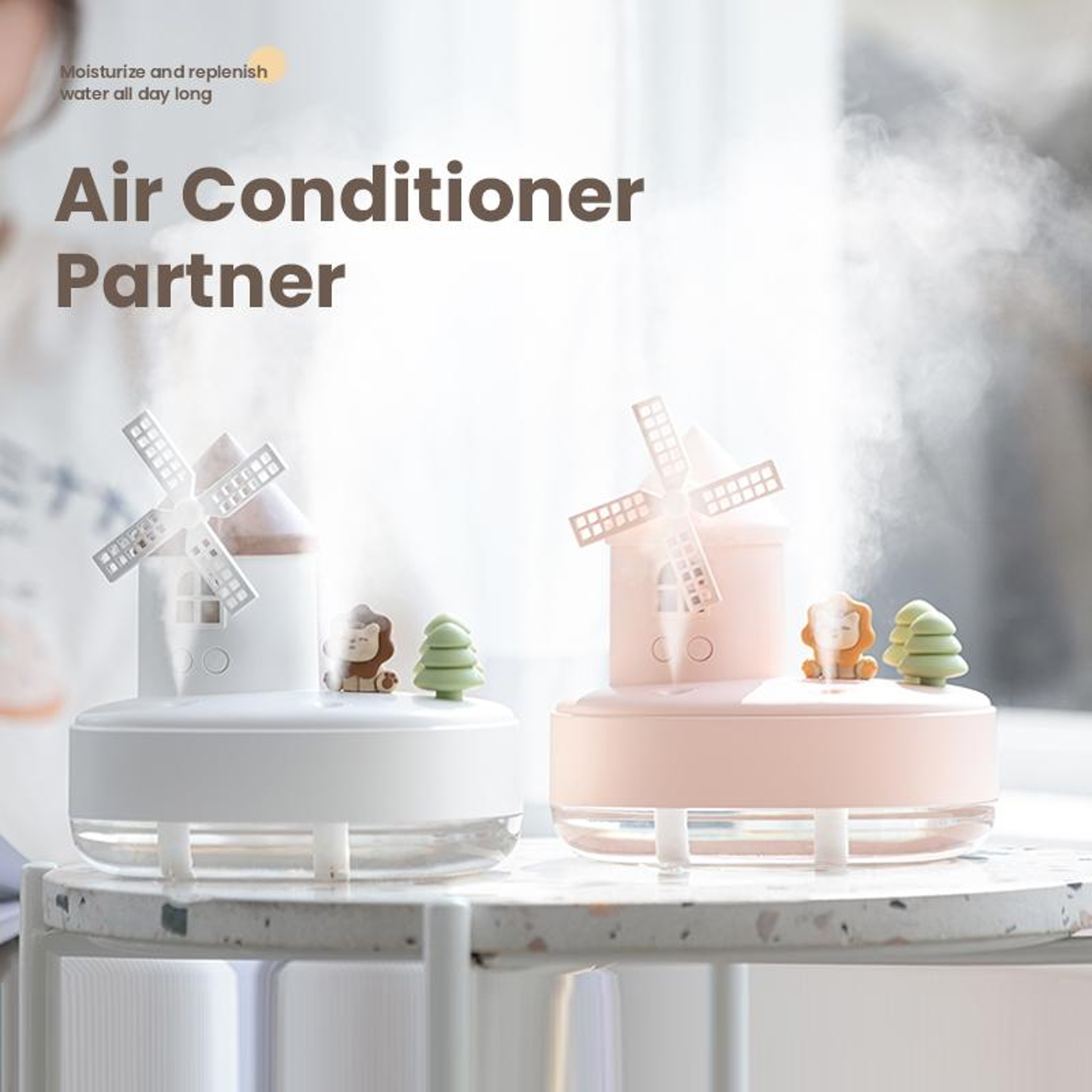Wireless Mini Desktop Humidifier With Dual Mist LED Light Music Box And Windmill Design 1