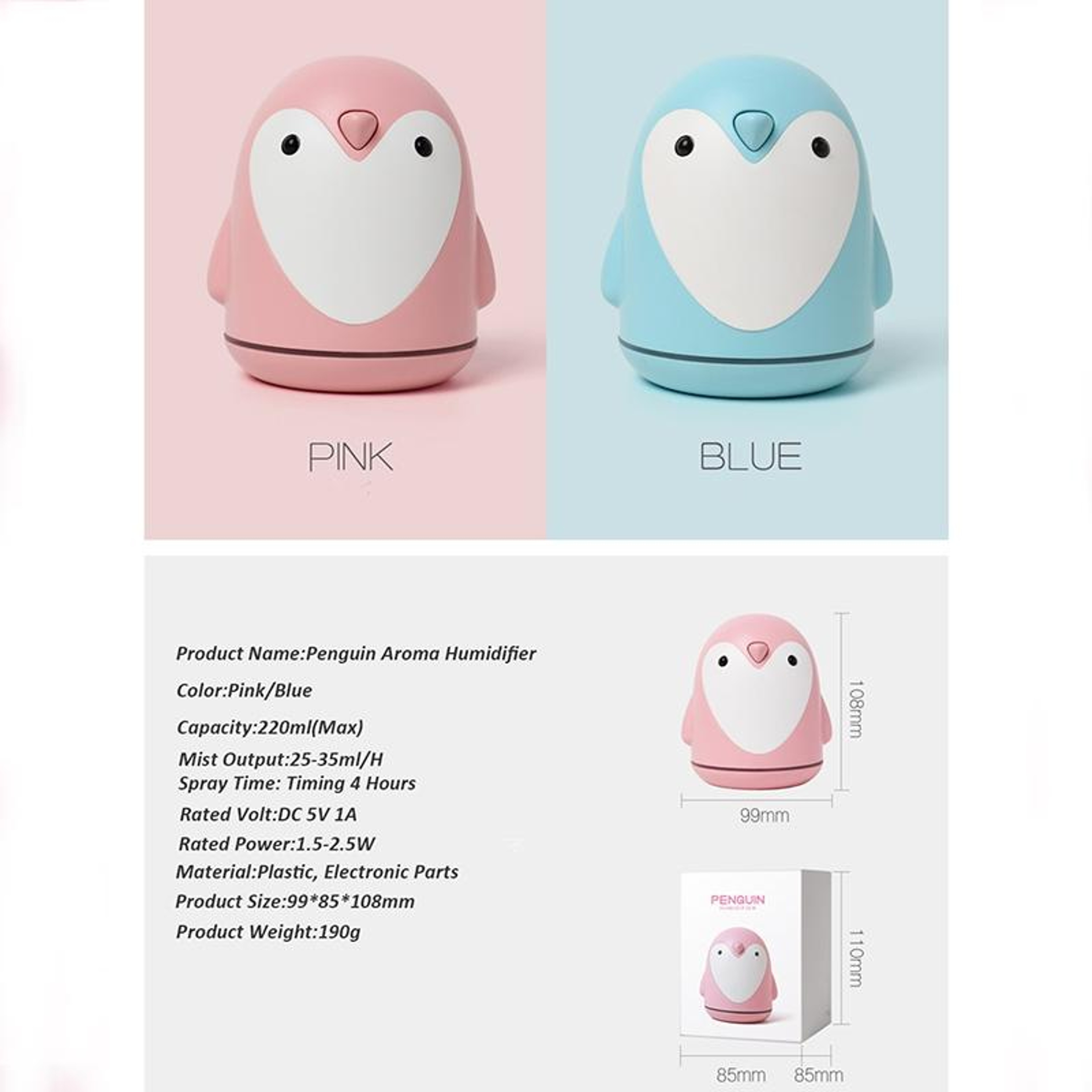 Cute Penguin USB Humidifier 220ml Aroma Diffuser Mini Air Mist Maker With 7 Color Night Light 3