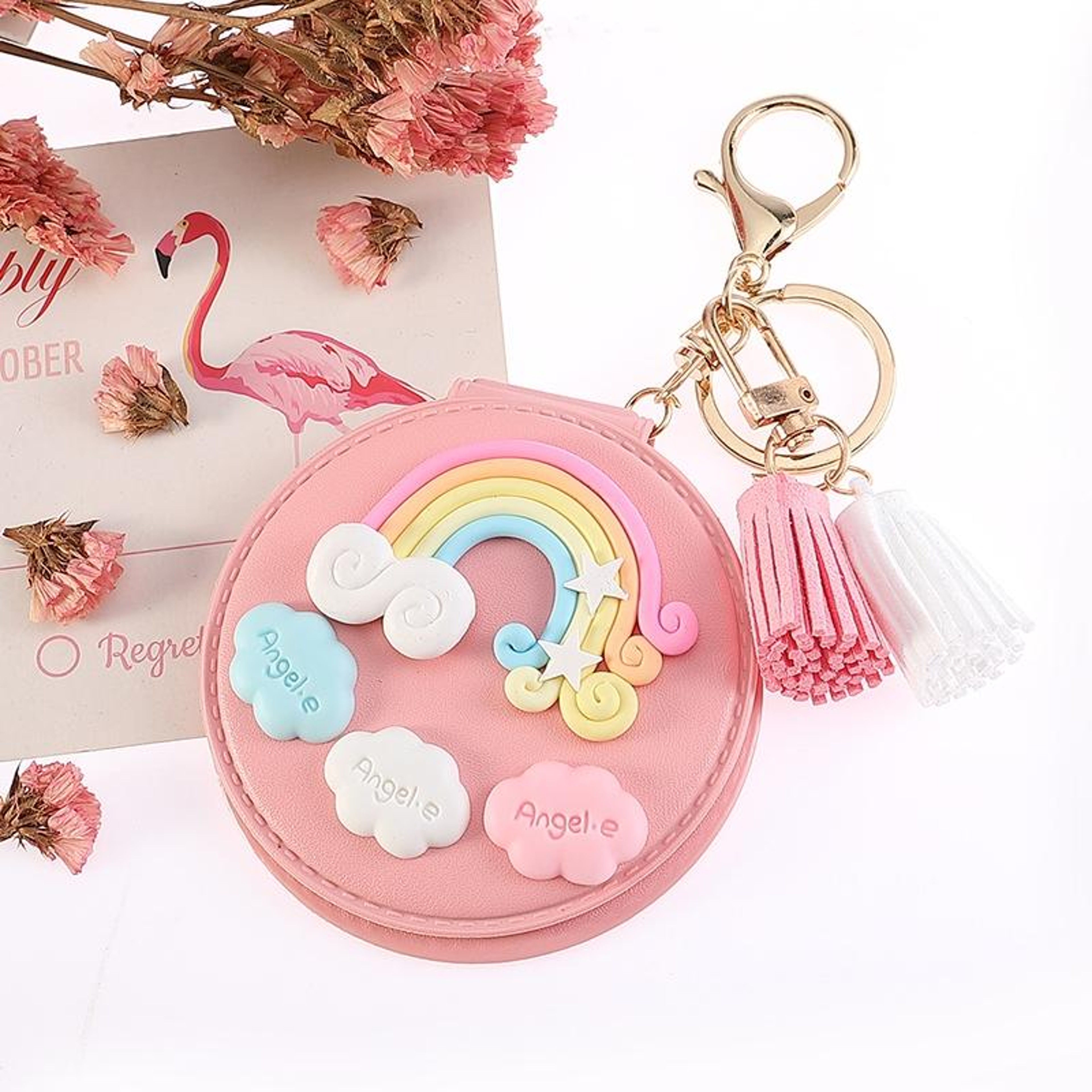 PU Leather Compact Makeup Mirror Keychain Double Sided Folding Mirror With Rainbow Tassel 1