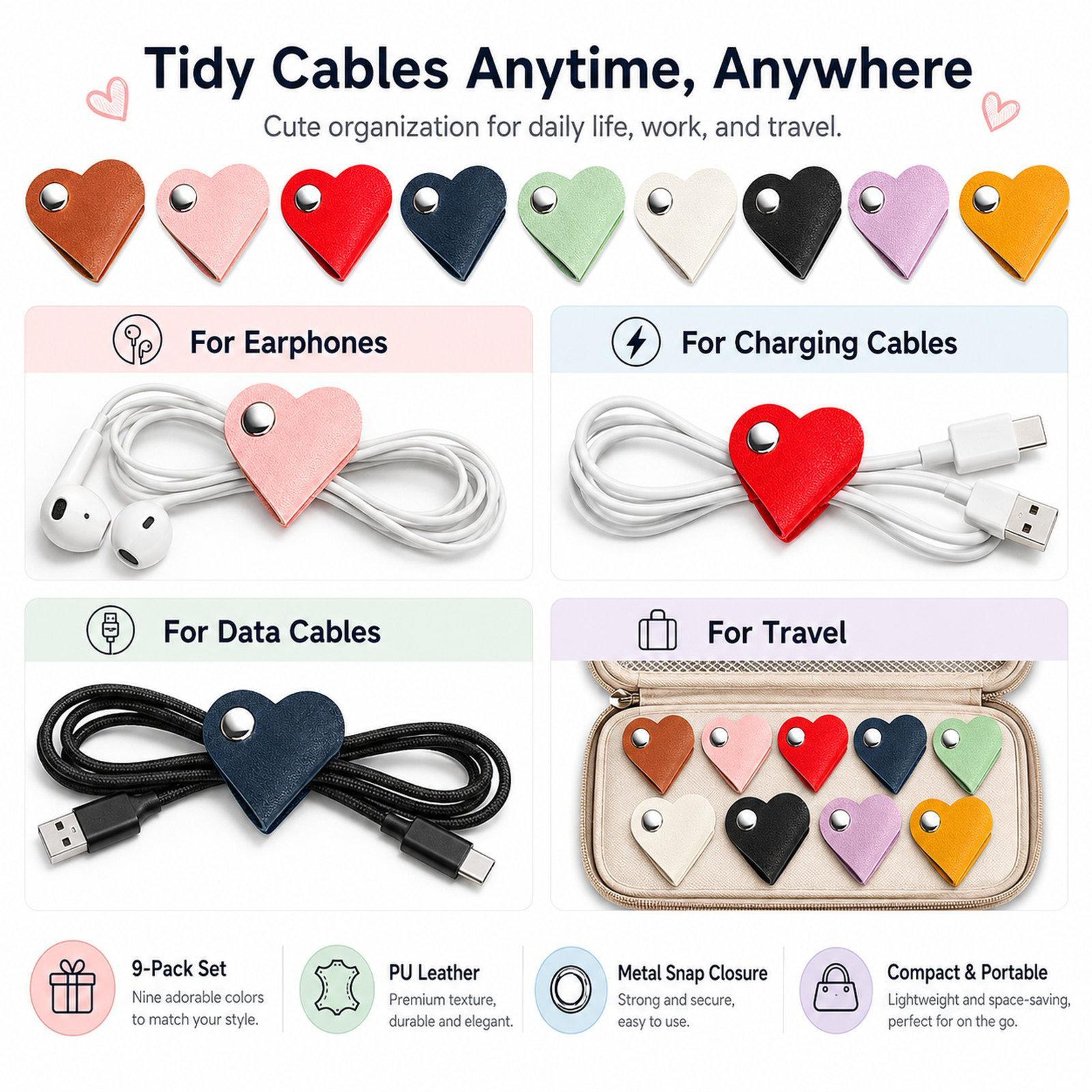 9PCS Heart Cord Organizer PU Leather Cable Straps Reusable Wire Holder for Charging Cables and Earphones – view 4