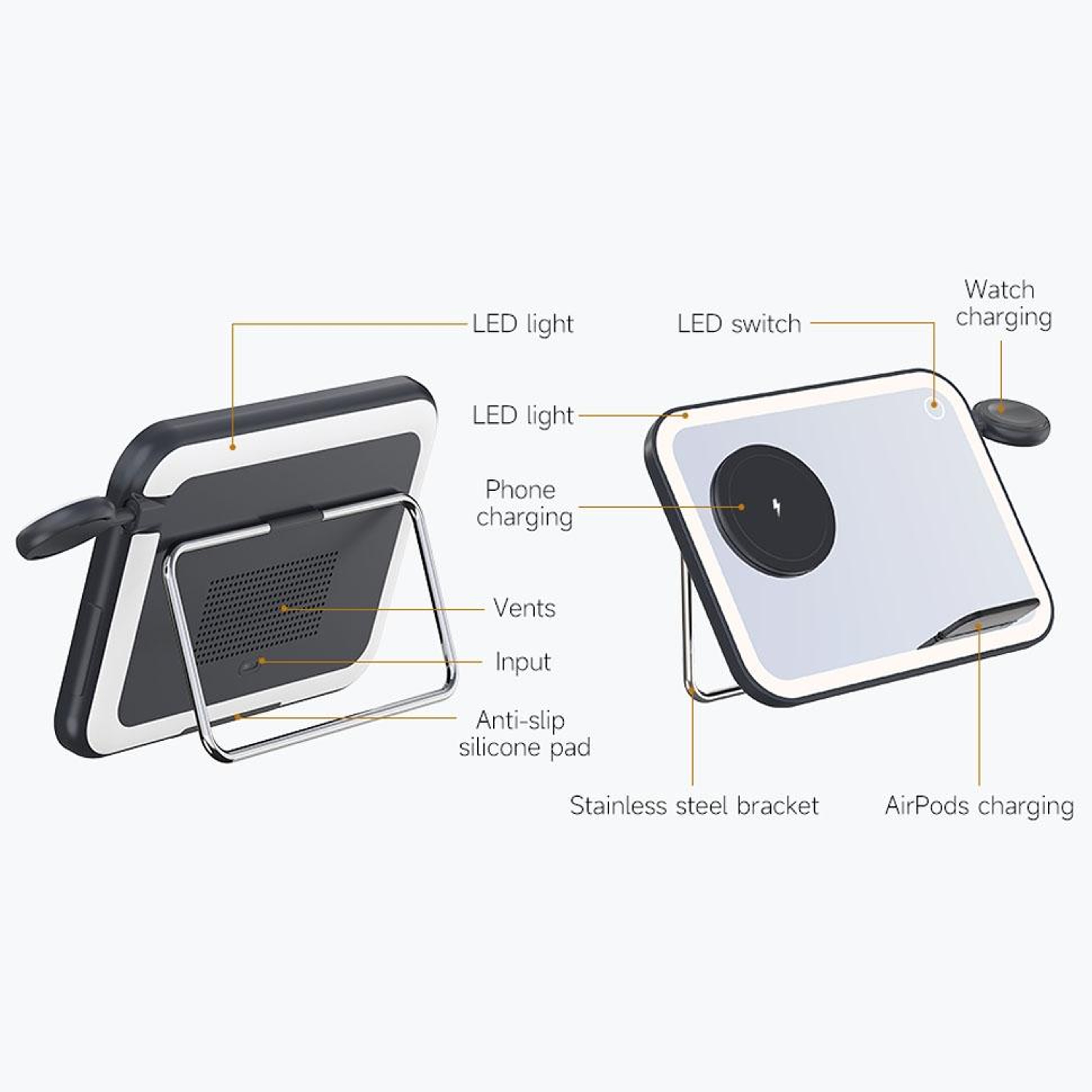 3 In 1 MagSafe Charger Foldable Wireless Charging Station With LED Makeup Mirror And Night Light 2