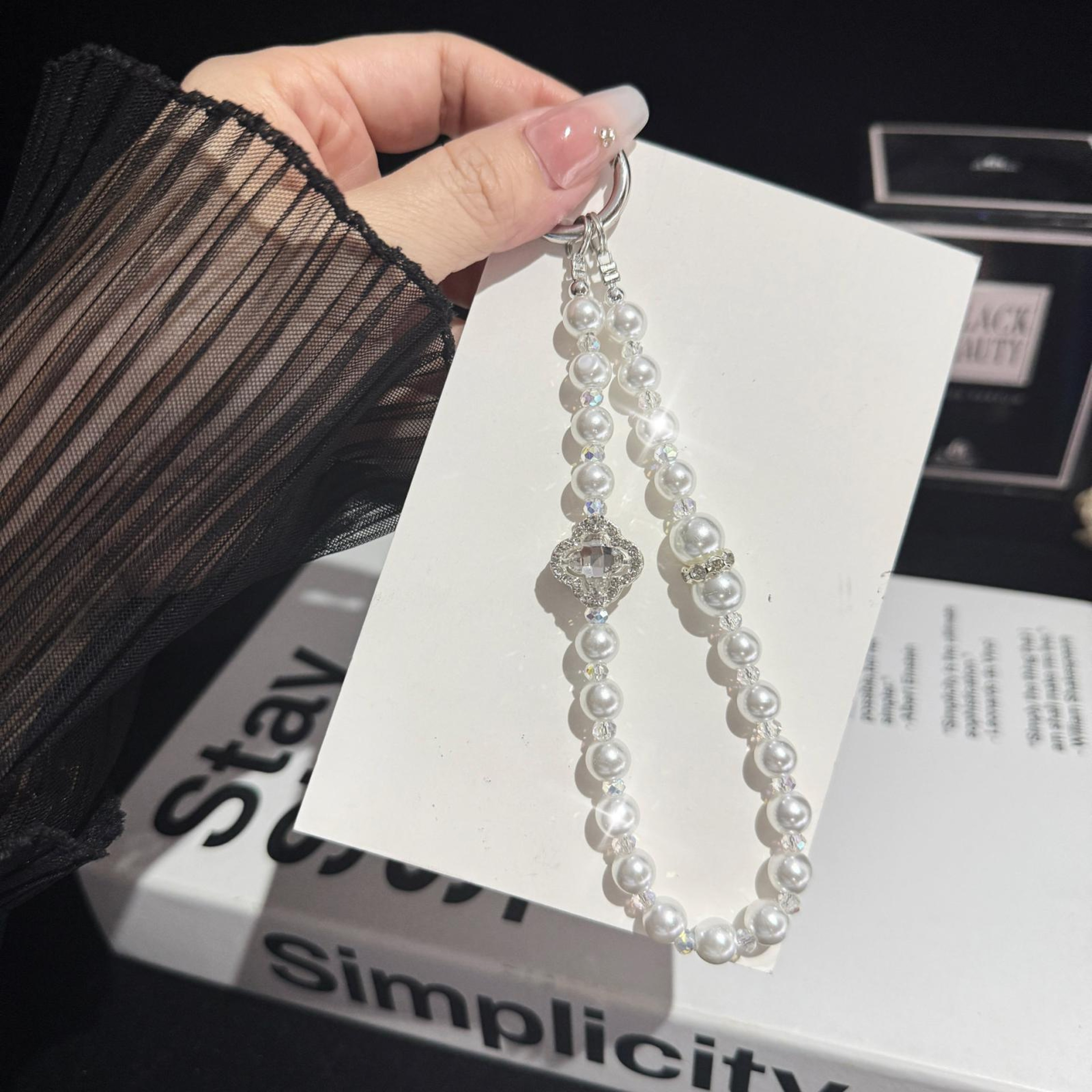 Rhinestone Flower Pearl Phone Lanyard AntiLost Crystal Beaded Phone Chain 5