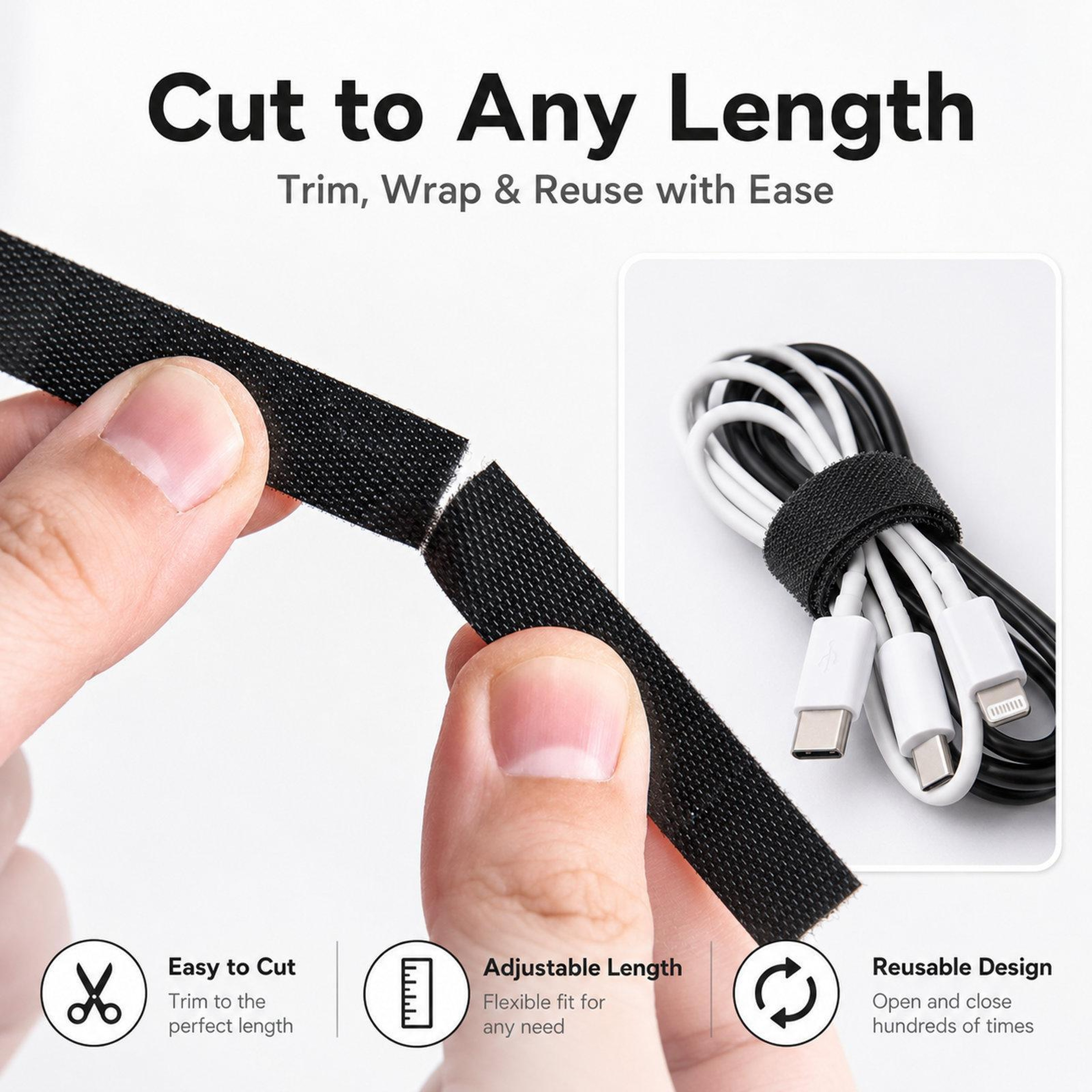 HandTear Hook And Loop Cable Ties Roll Reusable Cable Management Cord Organizer 3