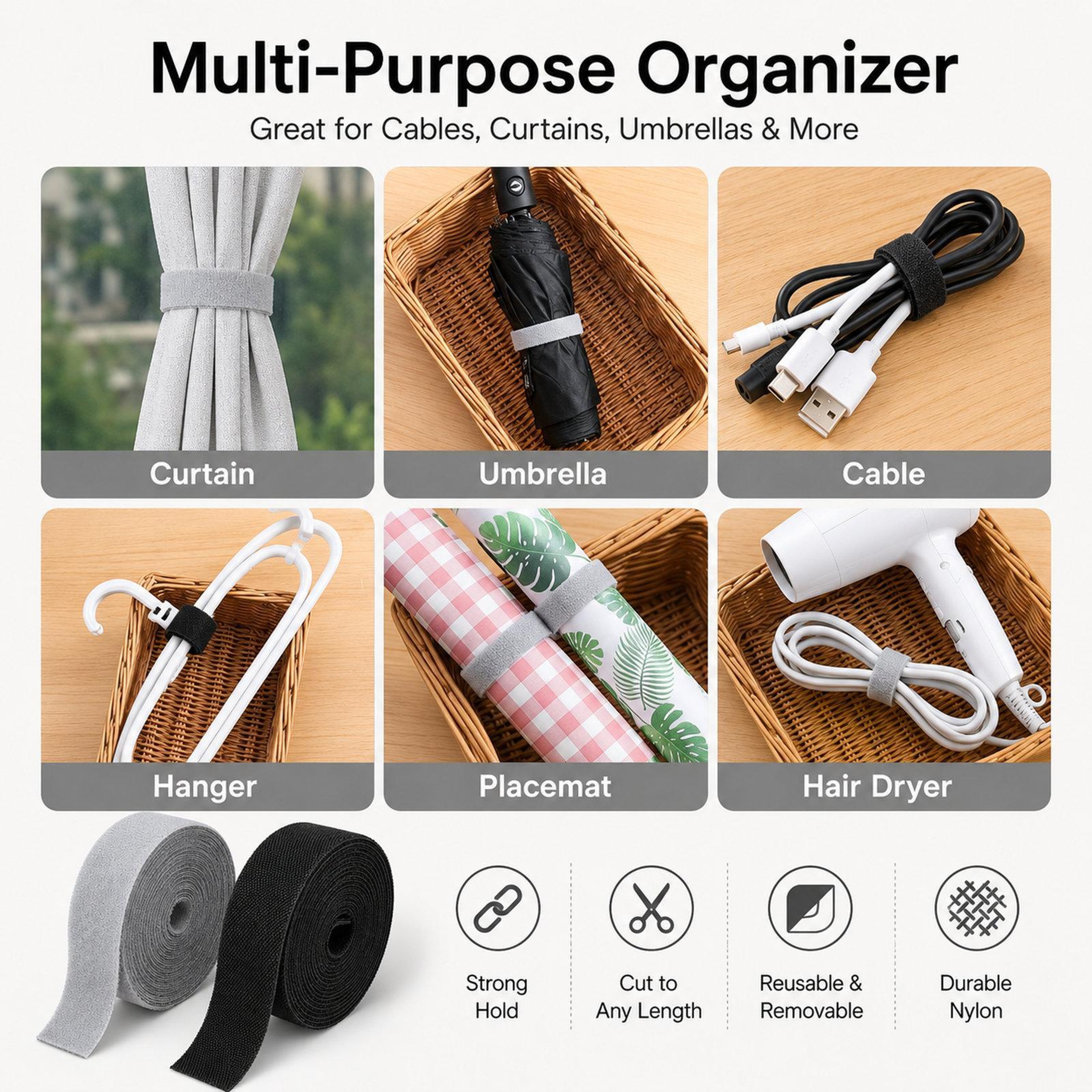 HandTear Hook And Loop Cable Ties Roll Reusable Cable Management Cord Organizer 5