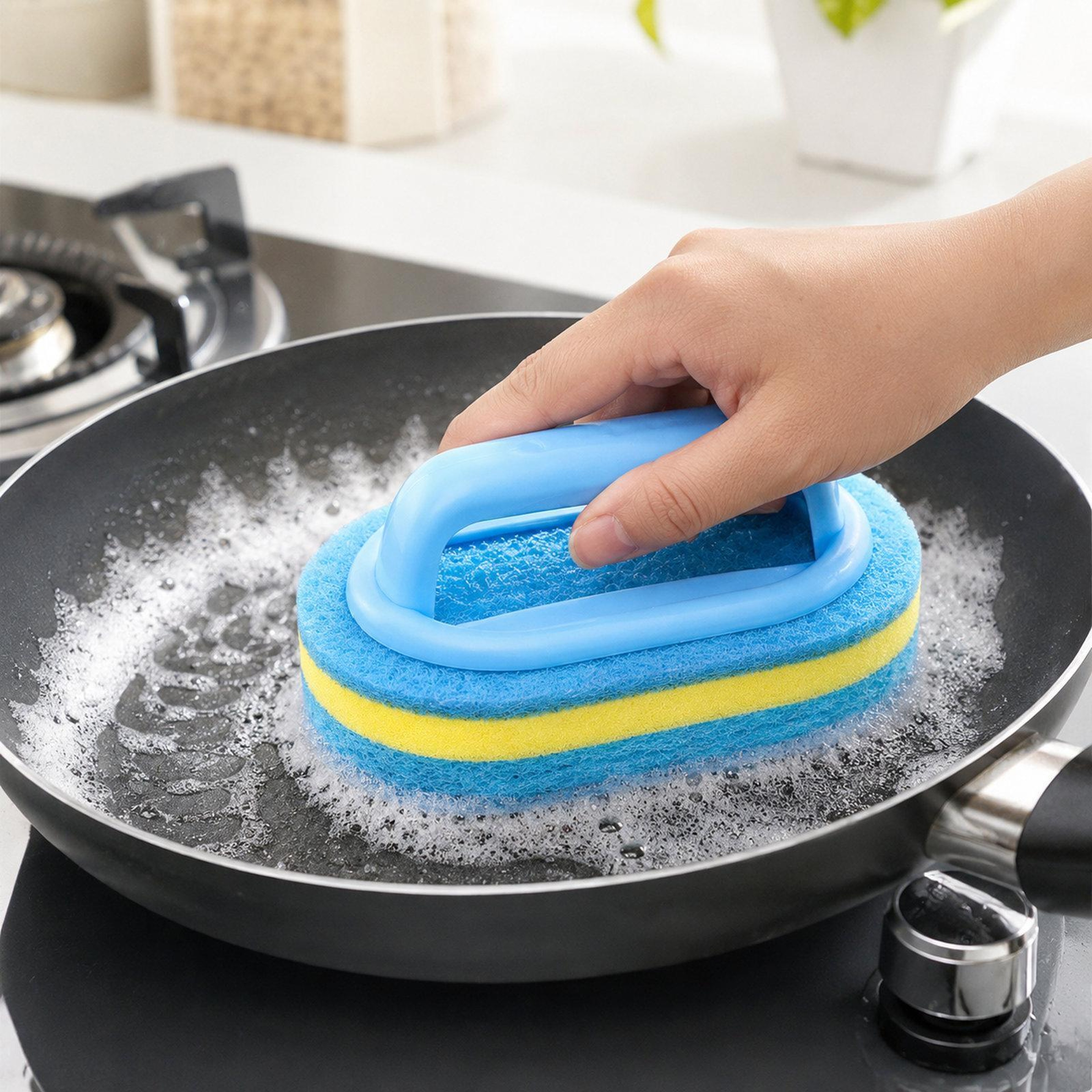 Non Scratch Scrub Sponge With Handle 3 Layer Kitchen Cleaning Sponge For Pots Pans  Stovetops 7