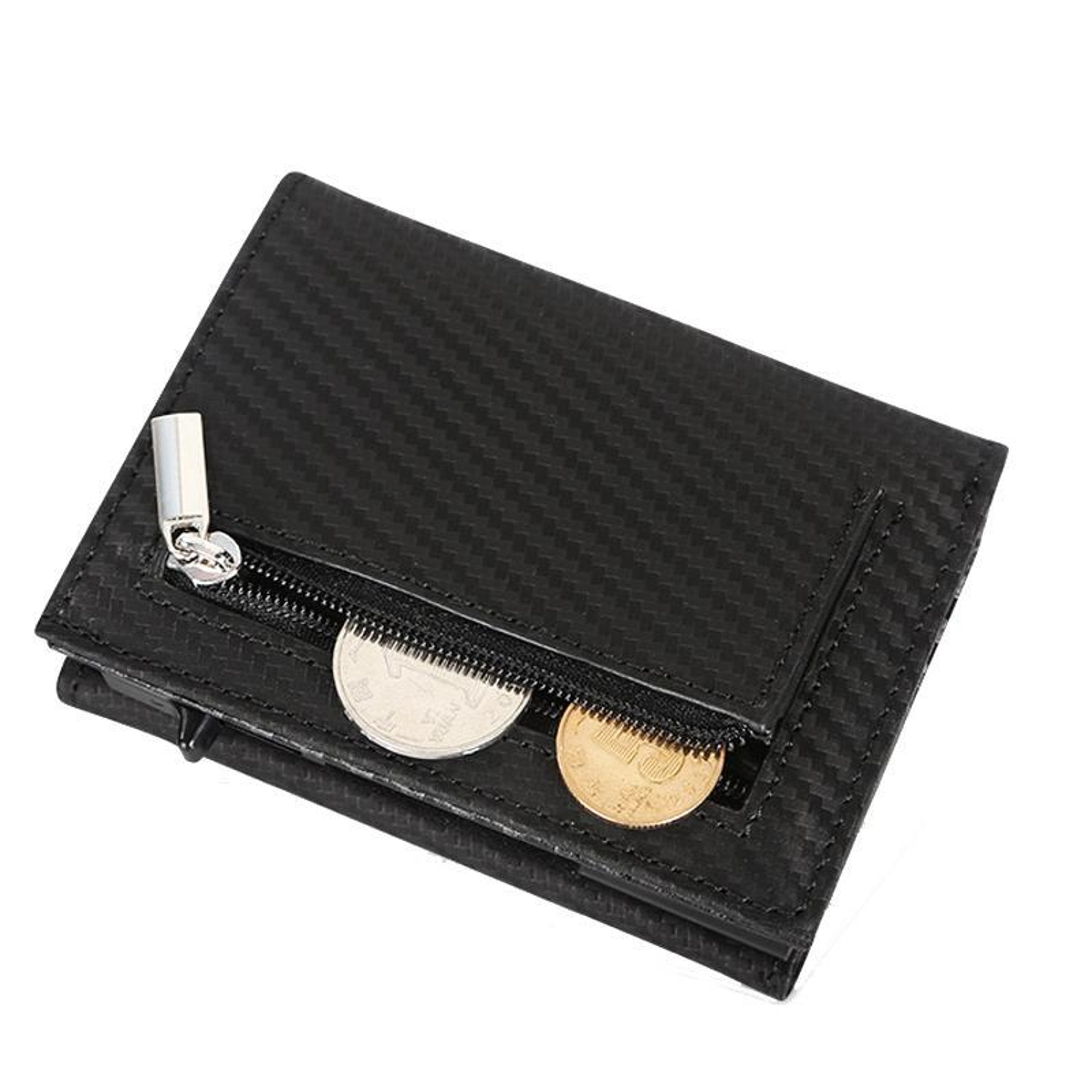 Pop Up RFID Blocking Wallet Genuine Leather Aluminum Card Holder With Zipper Coin Pocket 3