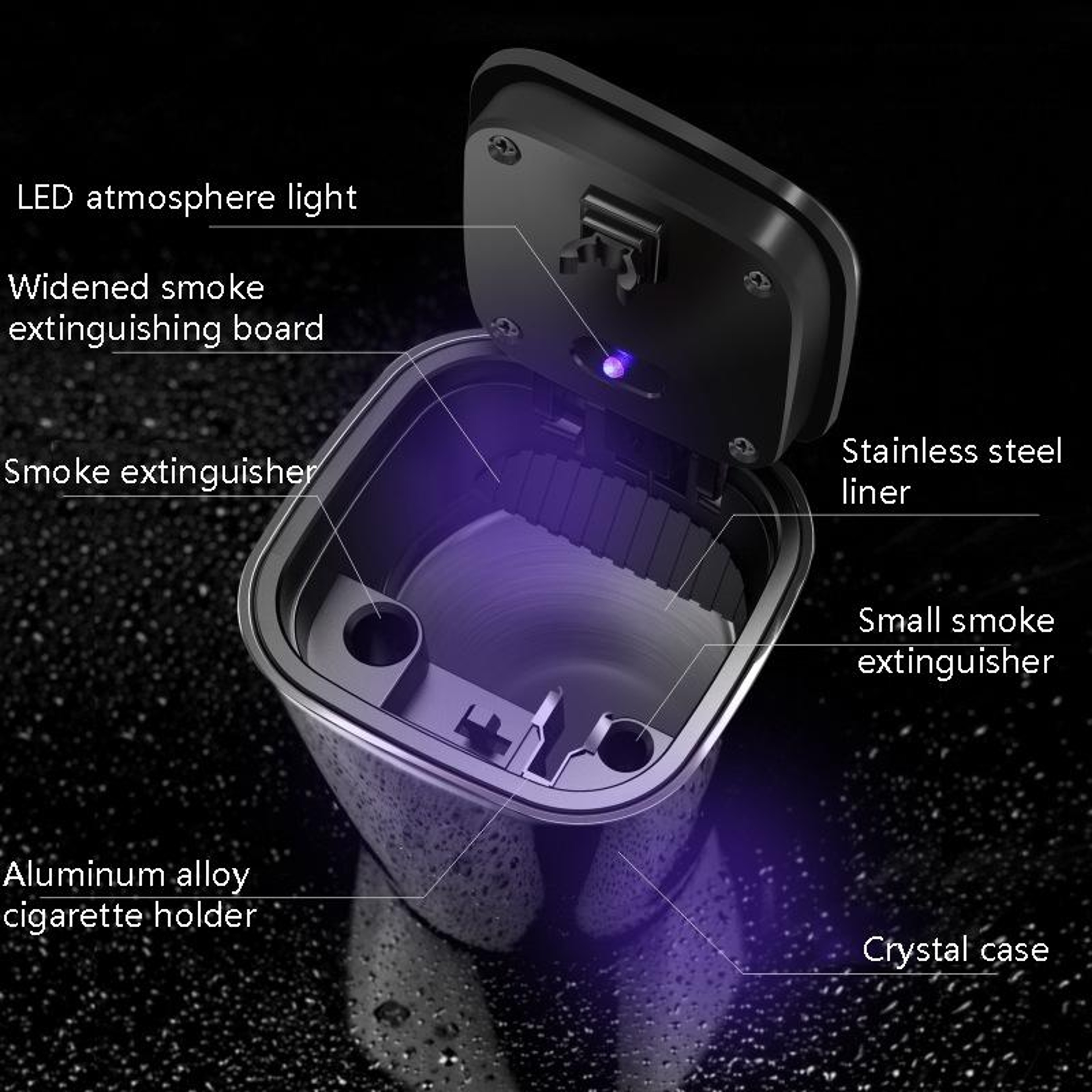 Crystal LED Car Ashtray With LED Light With Detachable Metal Liner For Car Cup Holders 2