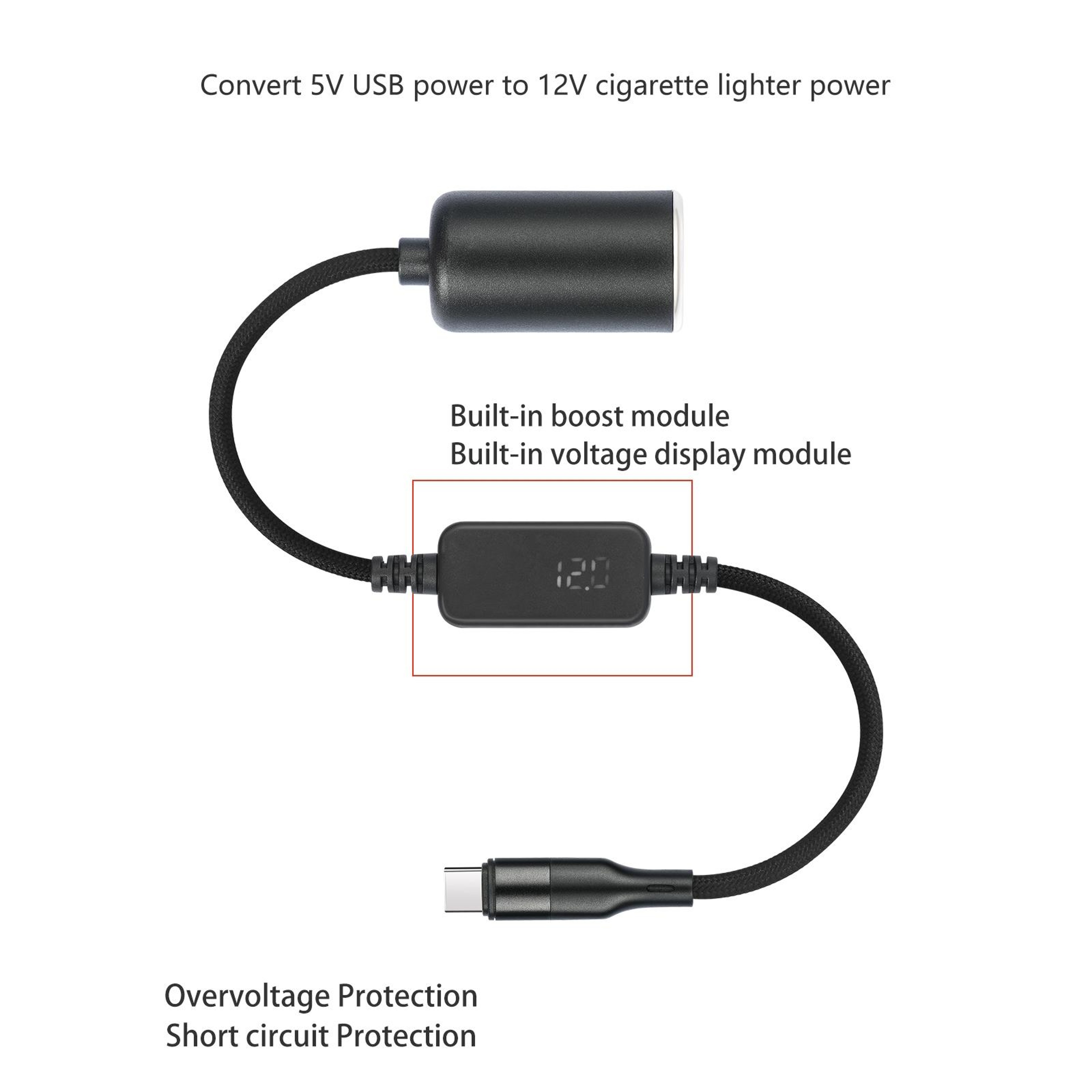USBC To 12V Adapter Cable With Voltage Display Car Cigarette Lighter Socket 18W Boost Converter 5