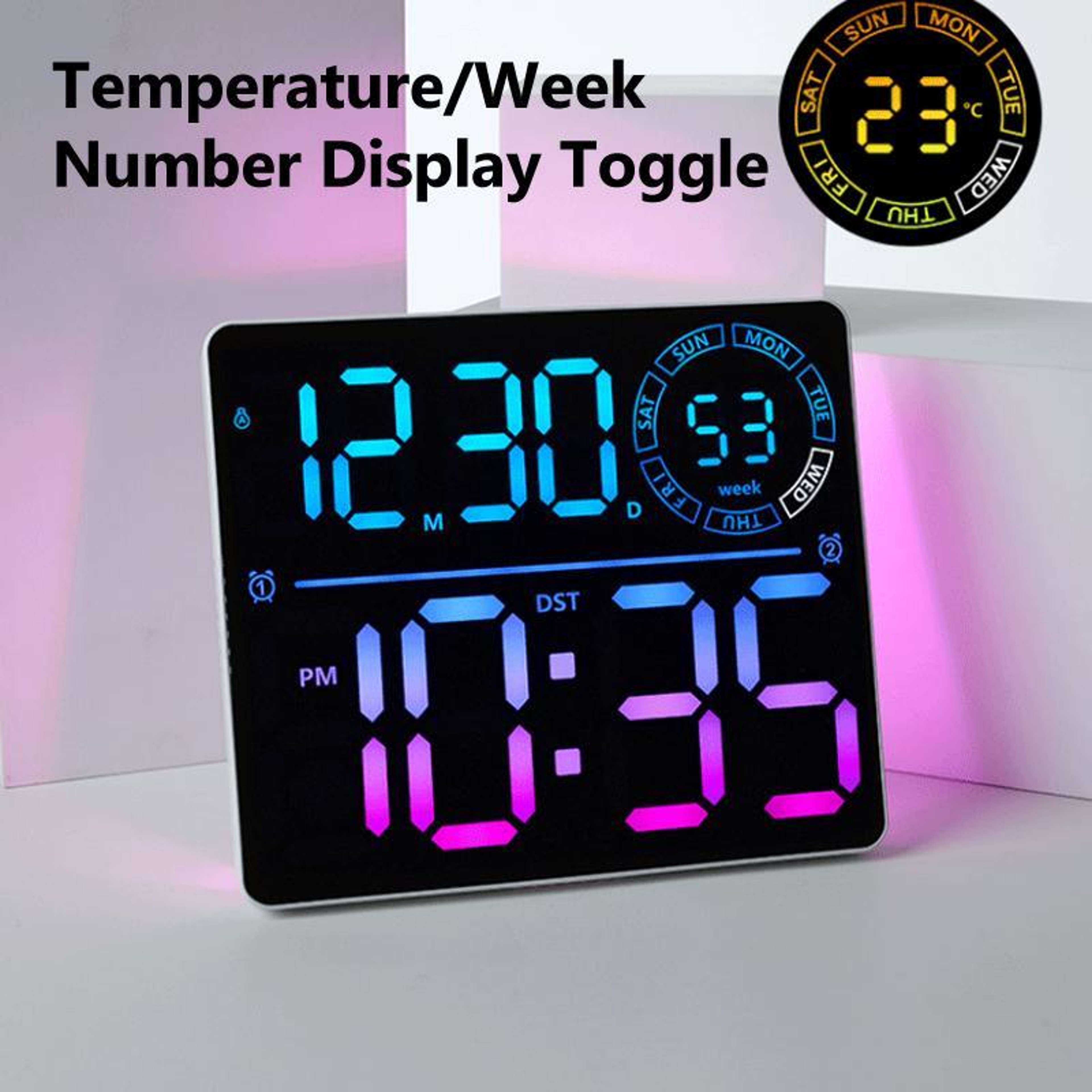 RGB LED Digital Wall Clock With Large Display Dual Alarm Timer  Auto Dimming For Home Office Gym 6