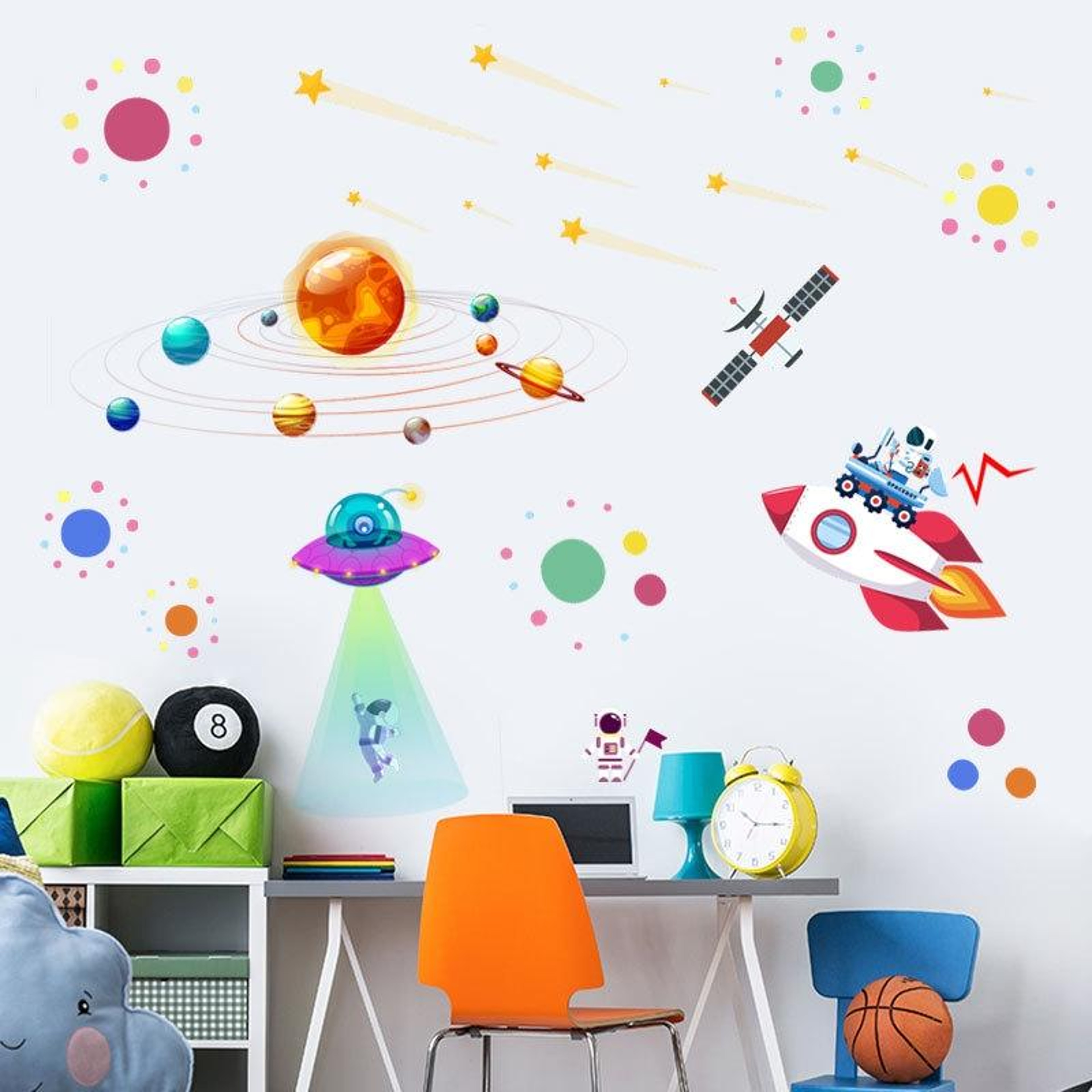 Space Adventure Solar System Wall Sticker With Astronaut UFO Removable Wall Decal For Kids Bedroom 3