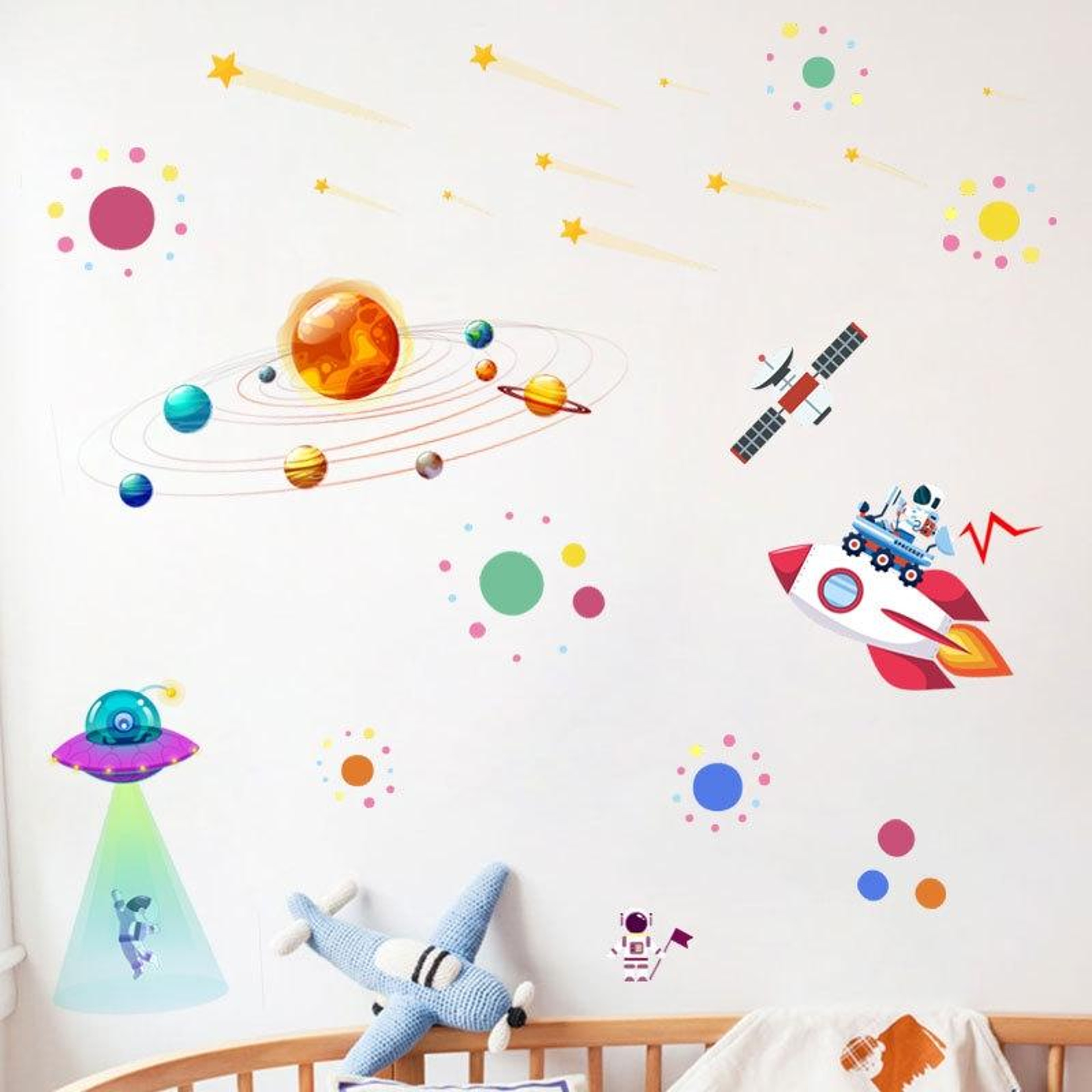Space Adventure Solar System Wall Sticker With Astronaut UFO Removable Wall Decal For Kids Bedroom 6
