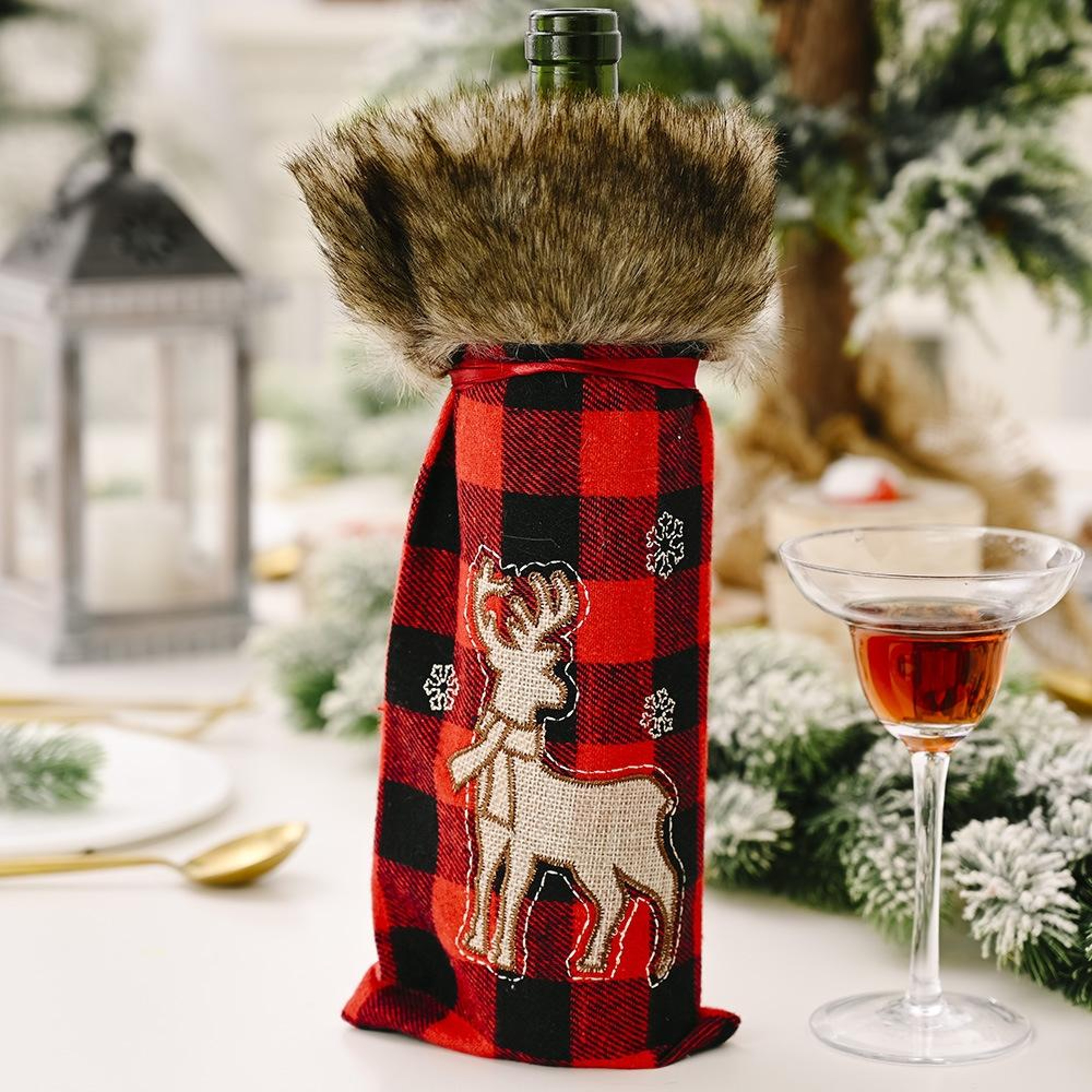 Christmas Wine Bottle Cover Set Red Lattice Champagne Gift Bag Holiday Decoration 4