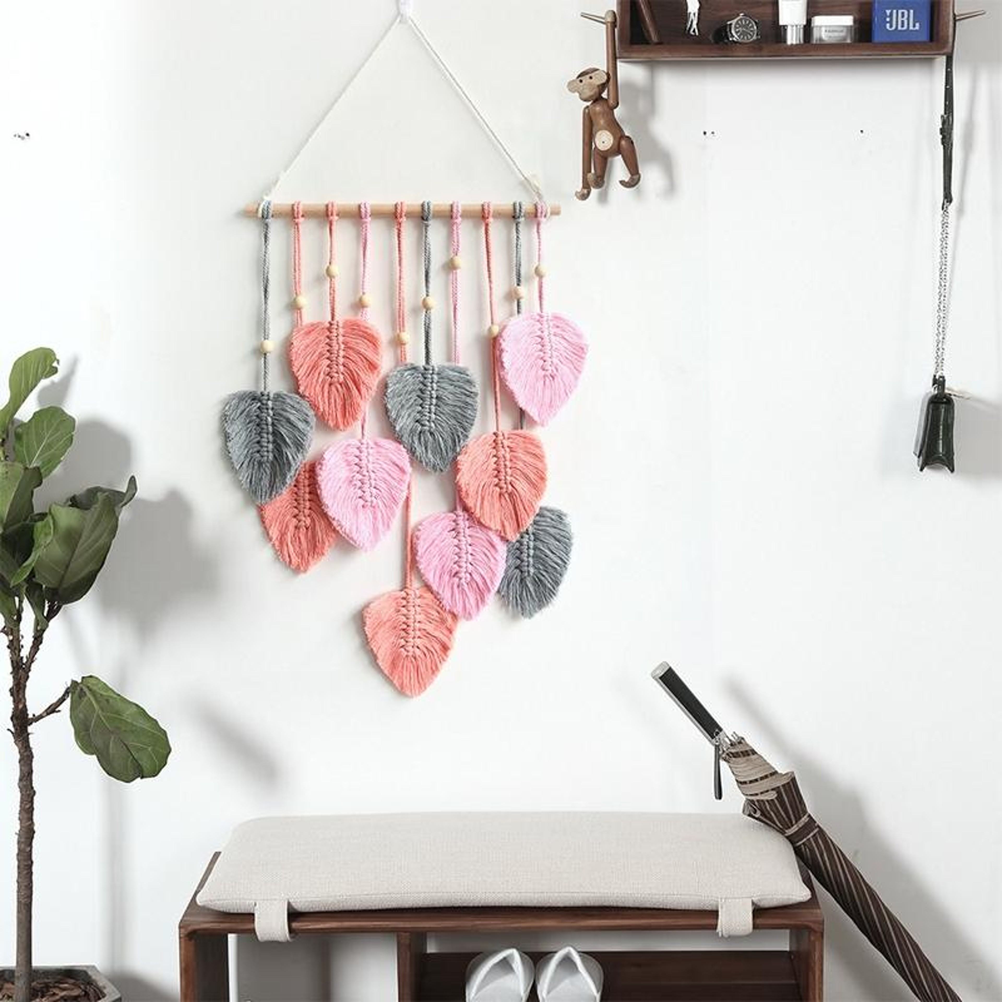 Handwoven Macrame Wall Hanging Leaf Tapestry With Cotton Rope  Wooden Dowel For Boho Wall Decor 4