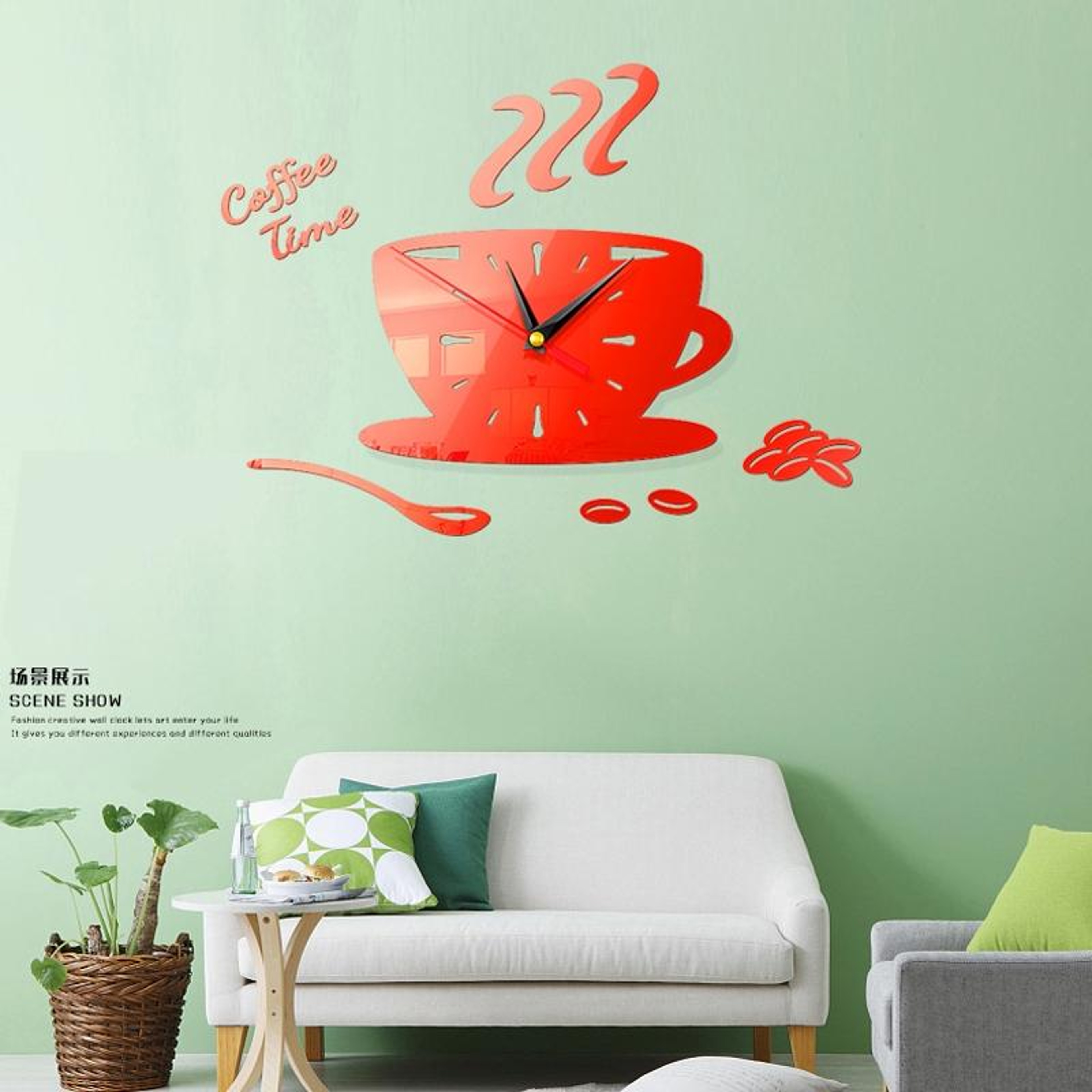 Modern Coffee Wall Clock 3D Acrylic Mirror Silent DIY Wall Decor 0